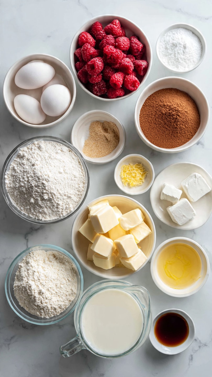 A top view shows different small white bowls and glass cups arranged on a white marbled surface, each filled with ingredients for baking. There is one bowl with two raw eggs, another with smooth white sour cream, and one with bright red frozen raspberries. A small bowl holds light brown cinnamon powder, while another contains dark brown soft brown sugar. A glass bowl of all-purpose white flour is near the center, surrounded by a small white bowl of white baking soda and another with white baking powder. Other bowls include white confectioners' sugar, white granulated sugar, and pale yellow unsalted butter in cubes. There is a clear glass cup with white milk, a tiny bowl filled with yellow lemon zest, and another with yellow lemon juice. A small white bowl of salt and one with dark brown vanilla liquid complete the ingredients, all evenly spaced and neatly placed. Photo taken with an iphone --ar 4:5 --v 7