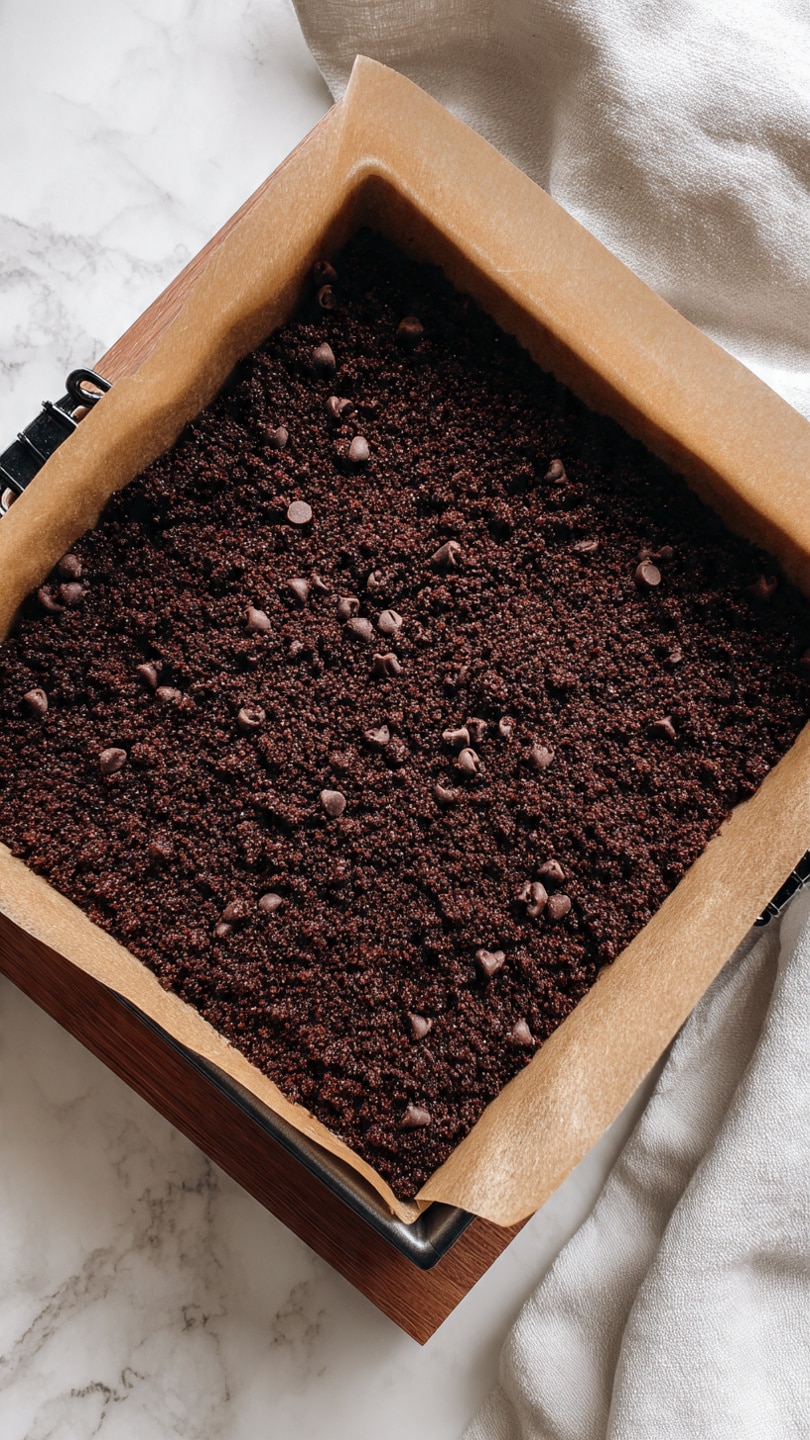 A close-up of a square baking pan lined with parchment paper; inside is a single dark brown layer of crushed chocolate cake crumbs and small chocolate chips scattered all over. The pan has wooden sides held together with black clips. It sits on a white marbled surface with a soft, white cloth partly showing underneath one corner. The number