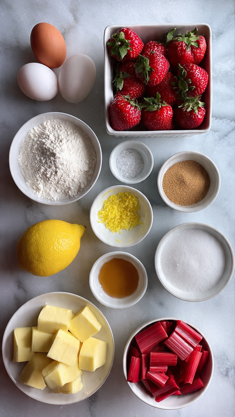 A collection of baking ingredients laid out on a white marbled surface, including three eggs on the left, a small white bowl with coarse salt next to them, and a small white bowl with yellow lemon zest above the eggs. In the center-top, a white square container filled with fresh red strawberries with green tops is placed. To the right of the strawberries, there are three small white bowls filled with powdered sugar, brown sugar, and a light brown liquid, arranged from top to bottom. Below these, a white plate holds small cubes of yellow butter. At the bottom center, a white bowl contains chopped red rhubarb pieces, and next to it on the left, there is half a lemon and a small white bowl filled with white granulated sugar. All items are neatly arranged, showing a colorful and fresh mix of baking components. Photo taken with an iphone --ar 4:5 --v 7