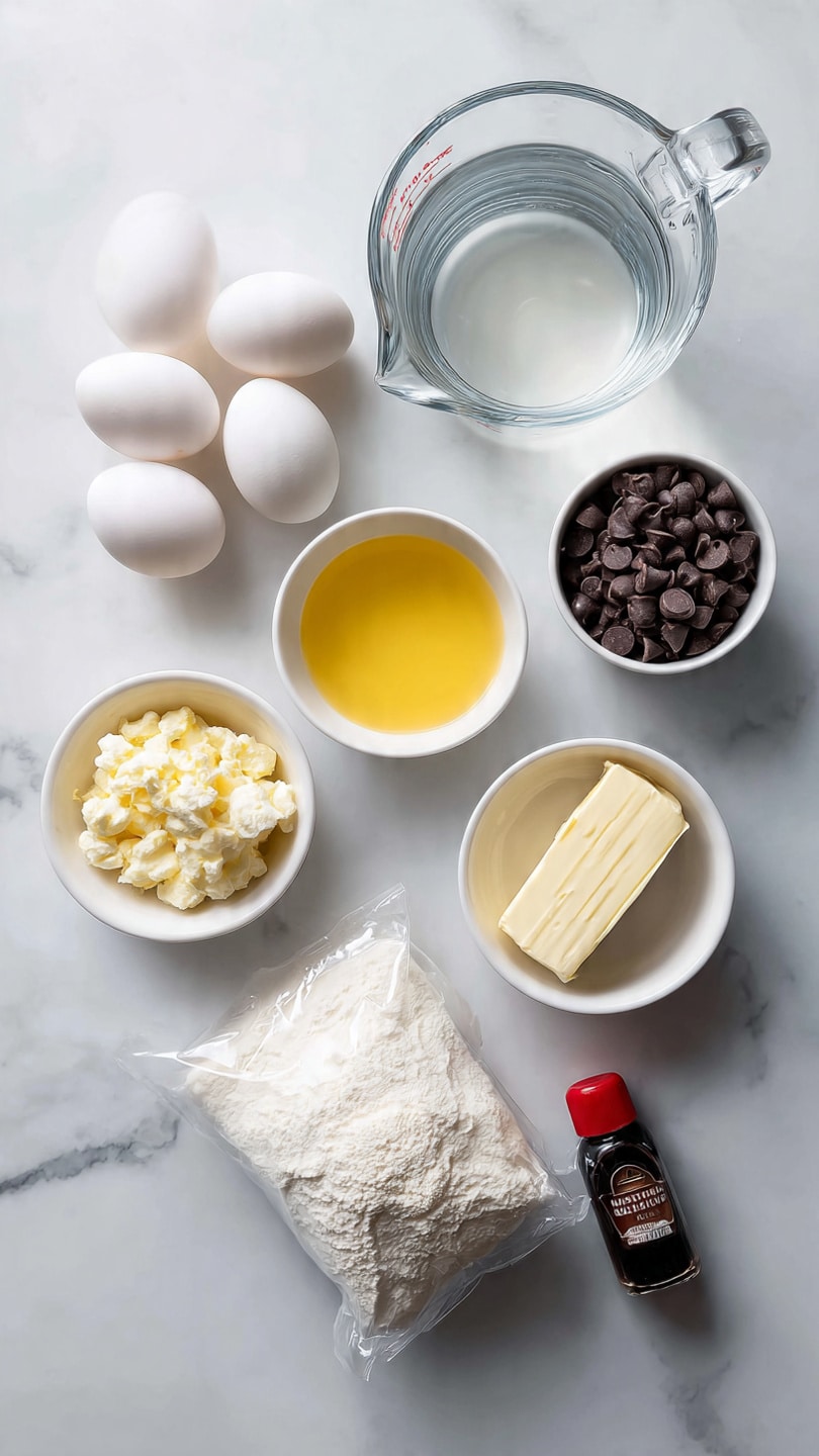 The image shows a top view of several baking ingredients neatly arranged on a white marbled surface. There are three white eggs grouped closely near the center left, and next to them is a clear glass measuring cup filled with water. Around these, there are small white bowls holding yellow liquid, chocolate chips, white powder, thick white cream, and a small amount of clear liquid. In the middle is a clear plastic bag filled with light brown cocoa powder, and nearby is a stick of butter with a paper label. At the bottom right corner is a small black bottle with a red cap, likely vanilla extract. photo taken with an iphone --ar 4:5 --v 7