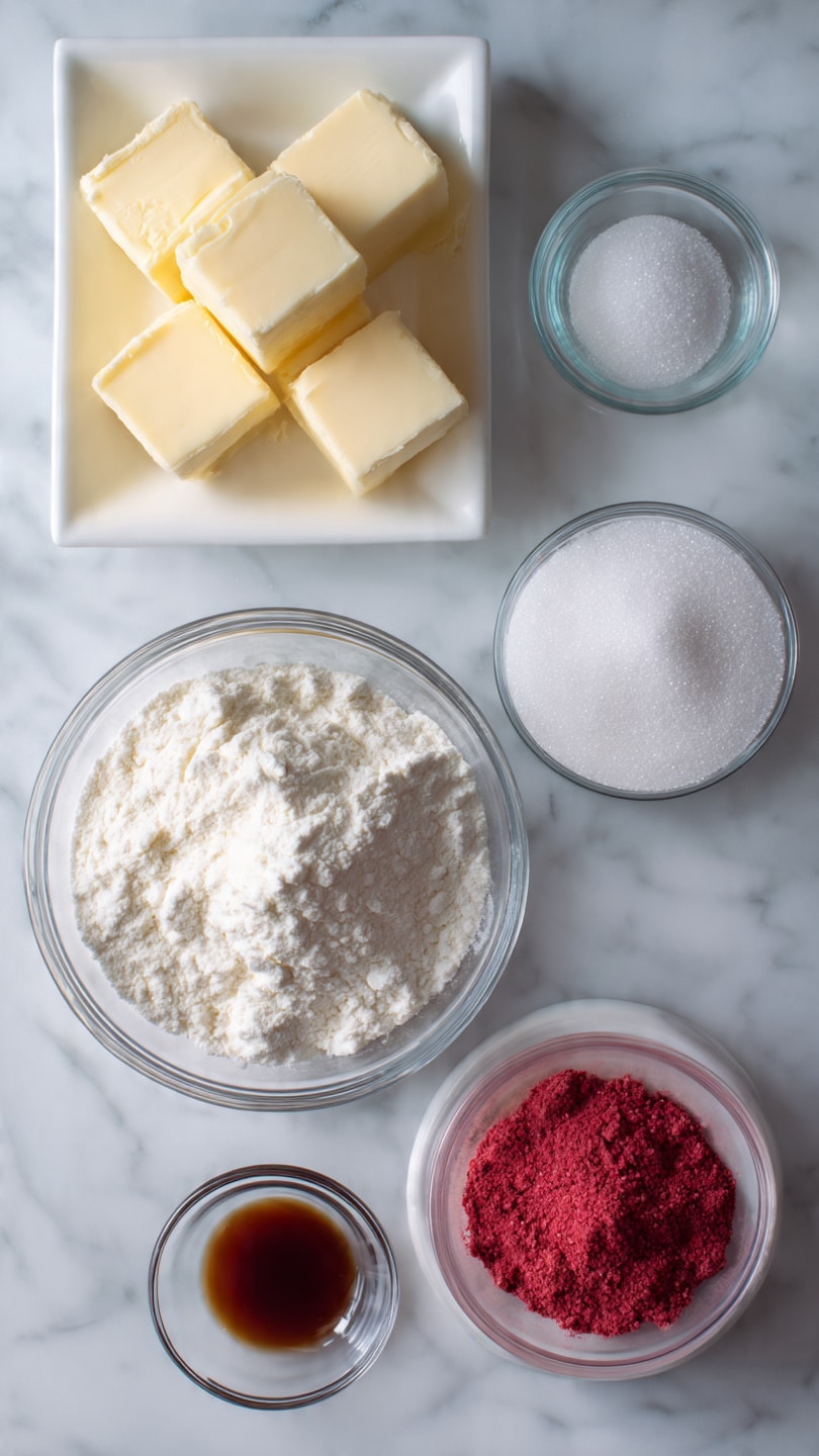 The image shows six ingredients placed on a white marbled surface. At the top left, there is a white square dish holding nine neat cubes of pale yellow unsalted butter, each with smooth, slightly soft edges. To the right, two clear glass bowls contain finely textured white sparkling sugar and granulated & powdered sugar, positioned one above the other. Below the butter is a larger clear glass bowl filled with fluffy white flour mixed with salt. At the bottom right corner, a small white bowl holds bright red strawberry powder with a soft, powdery texture. Finally, a tiny clear glass bowl at the bottom left contains dark amber vanilla extract with a smooth surface. The photo taken with an iphone --ar 4:5 --v 7