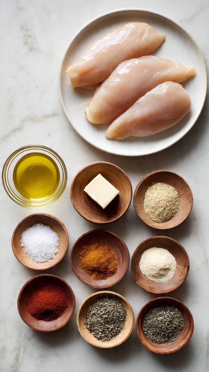 The image shows four raw chicken pieces placed side by side on a white plate at the top center. Below the plate, there are eleven small bowls arranged in three rows on a white marbled surface. The first row from left to right has a clear bowl with light yellow olive oil, a clear bowl with a square piece of butter, and a wooden bowl with coarse white salt. The second row holds four small wooden bowls containing cayenne powder, black pepper, light brown garlic powder, and dark red paprika. The third row has three small wooden bowls with oregano, thyme, and onion powder, all dried herbs and spices. Each bowl and the plate are evenly spaced and clean, with clear labels placed above or below the ingredients in black bold text. Photo taken with an iphone --ar 4:5 --v 7