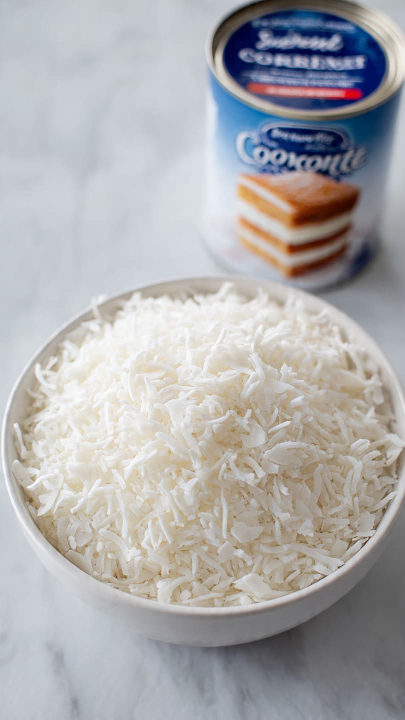 A white bowl filled fully with white unsweetened coconut flakes that look thin and shredded, placed on a white marbled surface. Next to the bowl, slightly below, there is a white can of sweetened condensed milk with a blue label and a picture of a layered cake on the front. The image is clear and bright, showing texture on the coconut flakes and smoothness on the can. Photo taken with an iphone --ar 4:5 --v 7