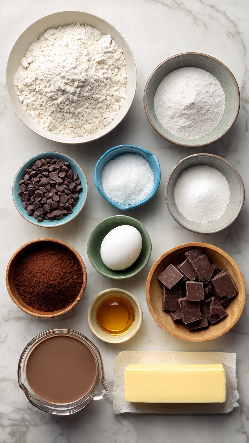The image shows a variety of baking ingredients placed on a white marbled surface. There are ten dishes and containers, mostly round bowls and a glass measuring cup. The largest bowl is white and filled with all-purpose flour with a light, powdery texture, positioned at the top left. To the right of it, another white bowl holds granulated sugar, which is fine and white. Below these, two small bowls, one blue and one green, contain baking powder & soda and salt, showing white, powdery textures. At the bottom left, a wooden bowl contains dark brown cocoa powder, and next to it, another similar bowl is filled with semi-sweet chocolate chips that have a shiny, dark color. A glass measuring cup filled with smooth chocolate milk is positioned on the left side towards the bottom. A small white bowl holds a white egg, located near the center. A gray bowl with instant espresso displays dark grounds, surrounded by a small yellow bowl with amber-colored vanilla extract. Finally, a rectangular stick of unsalted butter wrapped in paper is placed near the bottom right. Everything is arranged neatly with labels next to each item. Photo taken with an iphone --ar 4:5 --v 7