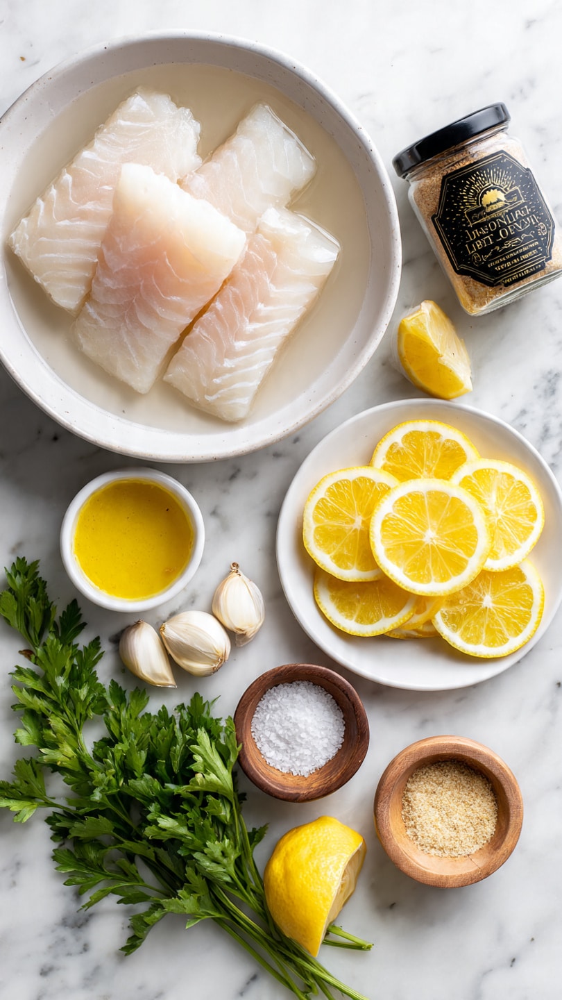 The image shows several cooking ingredients arranged neatly on a white marbled surface. On the left, four pale pinkish-white haddock fillets are placed inside a white bowl filled with water. To the right, there is a small white plate holding several bright yellow lemon slices stacked in a slightly overlapping way. Below, there are three garlic cloves resting directly on the surface. Next to them, a small white bowl contains bright yellow lemon juice. Two small wooden bowls hold white kosher salt and black pepper, respectively. Nearby, a glass jar with a black label and a silver lid contains paprika powder. Fresh green parsley with leafy stems lies at the bottom center, and a small white bowl on the bottom right contains light beige garlic powder. All items are spaced clearly against the clean white marbled background, with soft natural lighting that highlights the colors and textures. Photo taken with an iphone --ar 4:5 --v 7