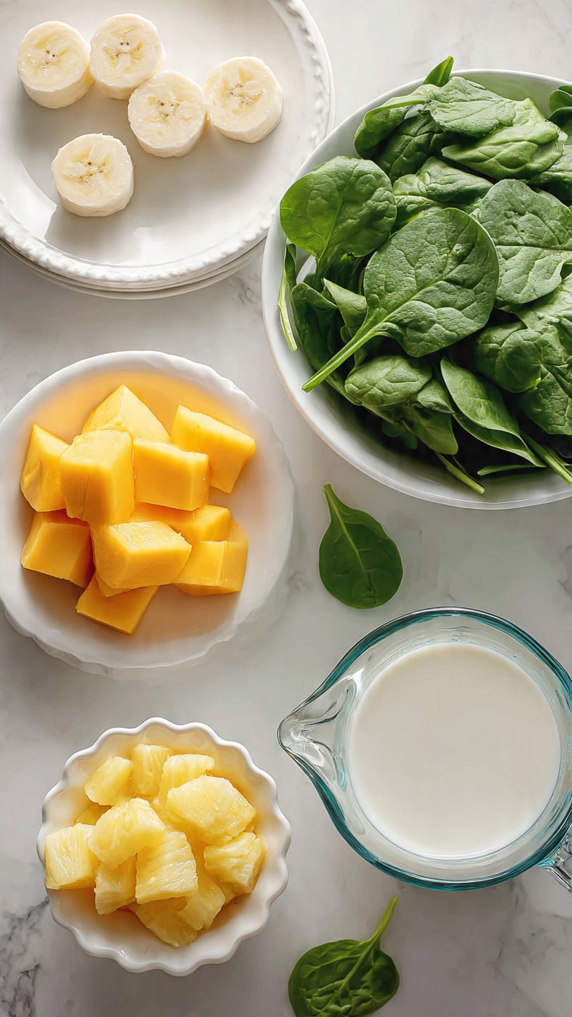 The image shows a top view of several ingredients placed on a white marbled surface. In the center, there is a white bowl filled with bright green fresh spinach leaves, with smooth and slightly curved textures. To the upper left, a white plate holds several thick, round slices of pale yellow frozen banana. To the upper right side, a white plate contains bright orange-yellow frozen mango chunks with a frosty texture. Near the bottom left, a decorative white bowl with scalloped edges is filled with irregular bright yellow frozen pineapple pieces. On the right side, a clear glass measuring cup is filled with white almond milk, showing a smooth liquid surface. A few fresh spinach leaves lie scattered near the center bowl. The photo taken with an iphone --ar 4:5 --v 7