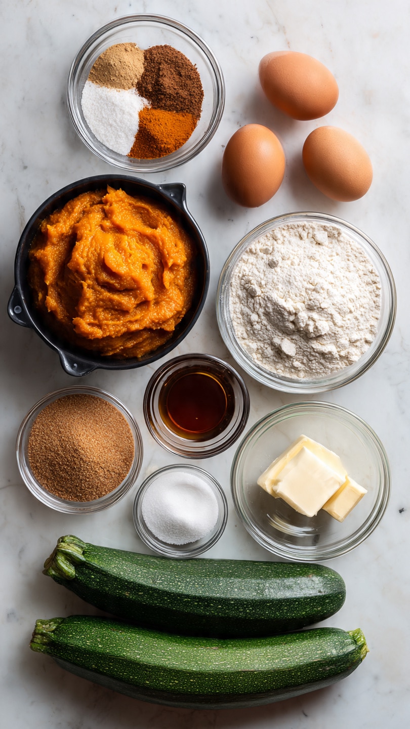 The image shows various baking ingredients arranged neatly on a white marbled surface. From the top left corner, there is a black measuring cup filled with orange pumpkin puree. Next to it is a small glass bowl with three spice powders in brown and white colors mixed together. Below, a large glass bowl holds white flour with a fine texture. To the left are two brown eggs placed close together, and below them is a small glass bowl with vanilla extract, dark amber in color. At the bottom left, a clear glass bowl contains melted butter with some white patches. Adjacent to it on the right is a glass bowl of white granulated sugar with a smooth texture. Next to the sugar is another bowl that contains brown sugar, slightly coarse and granular. At the bottom of the image is a long, dark green zucchini, smooth in texture and slightly shiny. All items are set neatly on the white marbled surface, giving a clean and organized look. Photo taken with an iphone --ar 4:5 --v 7