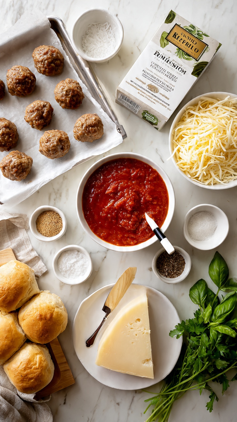 The image shows a white baking tray lined with white parchment paper holding eight browned meatballs with a slightly textured surface, positioned in the left bottom corner. At the center is a white bowl filled with bright red tomato sauce with a shiny, smooth texture, and a black and white spoon resting inside. Above the sauce is a white bowl filled with shredded pale yellow cheese, with soft, stringy texture. To the right is a small white plate with a large pale yellow wedge of hard cheese, topped with a heap of finely grated cheese, and a knife with a light wooden handle resting on the plate. Around these are small white bowls and jars of coarse white salt, light brown garlic powder, cracked black pepper, and a rustic stack of four white measuring cups. On the bottom left is a package of golden brown King's Hawaiian sweet rolls, partially open to show the shiny buns inside. The bottom right corner has bunches of fresh green basil and parsley leaves, sitting on a white marbled surface. Photo taken with an iphone --ar 4:5 --v 7