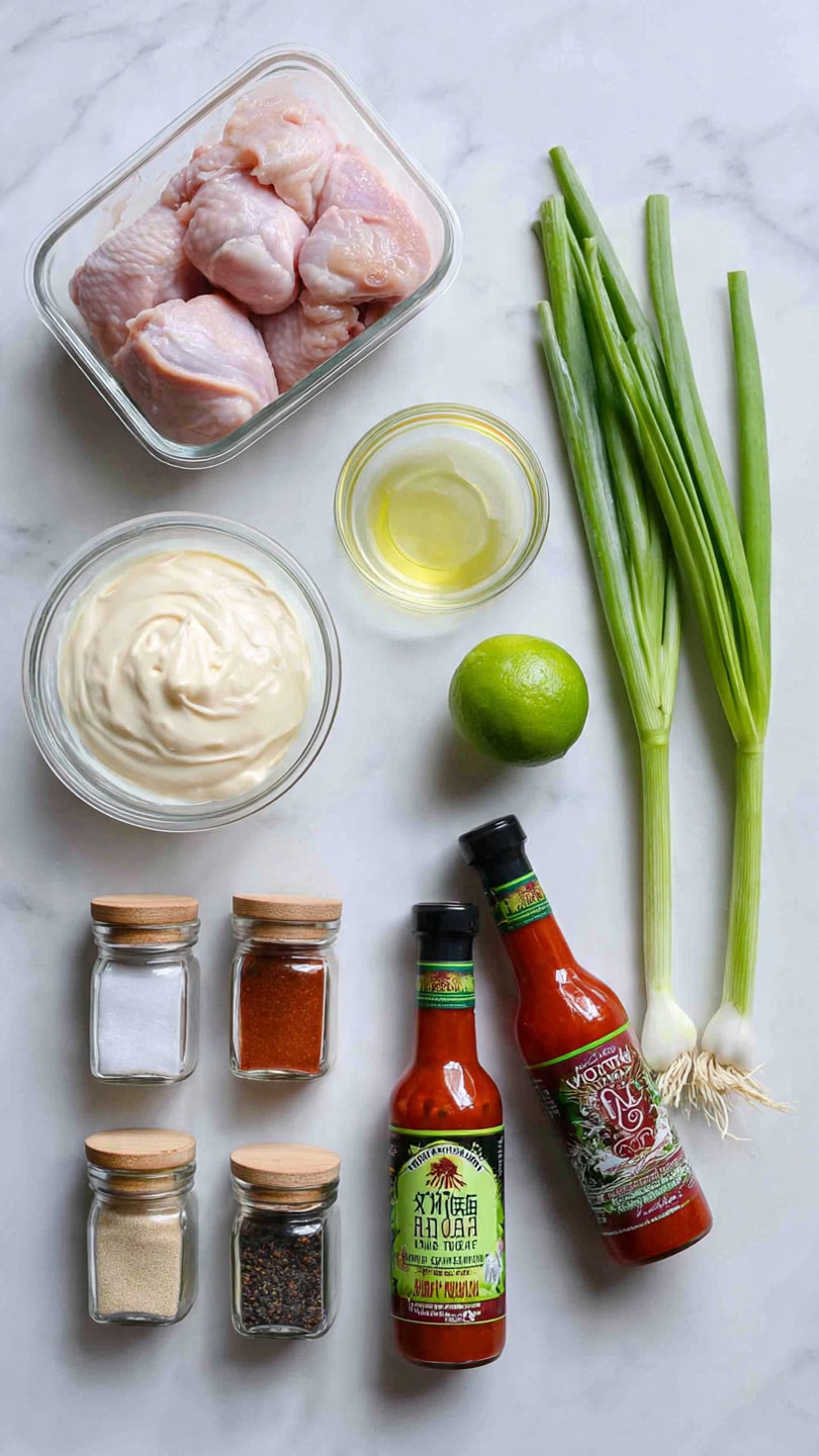 The image shows a white marbled surface with a clear plastic container of raw pink chicken thighs on the left. Above it, a clear bowl filled with creamy white mayonnaise sits next to a small measuring cup of pale yellow olive oil. To the right, two green onions with long green stalks and white roots lie beside a whole bright green lime. In the front row, four small glass spice jars with light wooden lids hold different spices: pale beige garlic powder, reddish paprika, dark gray pepper, and white sea salt. In the center, two bottles of red hot chili sauces stand side by side, one with a green cap and Asian writing, the other with a black cap and a picture of chicken on the label. photo taken with an iphone --ar 4:5 --v 7