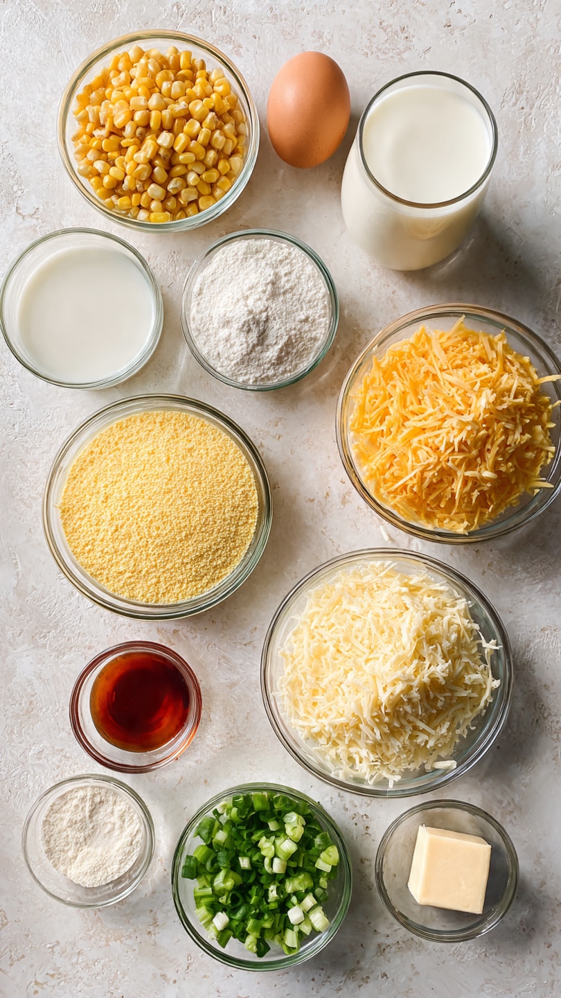 The image shows various ingredients laid out on a white marbled surface. At the top center, there is a small clear glass of white liquid. To the top left, a clear glass bowl holds two brown eggs. Next to it on the left side, there is an open can with yellow corn visible inside. Below these, there are three small clear glass bowls containing white powders arranged vertically. To the right of the eggs, a larger clear bowl is filled with a yellow grainy ingredient, likely cornmeal. To its right is another larger clear bowl filled with a mix of shredded yellow and white cheese. Below the cheese, a small clear glass bowl contains reddish-brown liquid, possibly syrup. Next to it on the bottom right, there is an open can with chopped green-yellow pieces. At the bottom left, a clear glass bowl holds chopped green onions. Near the center bottom, there is a small cube of butter with a wrapper partially visible. The whole setup is neat and evenly spaced. photo taken with an iphone --ar 4:5 --v 7
