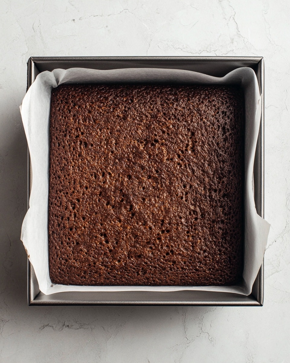The image shows a single, square baked chocolate cake in a metal baking pan lined with white parchment paper, fitting snugly inside the pan. The cake has a textured surface with small holes and an uneven, bubbly appearance in dark brown color. The baking pan sits on a white marbled surface, and the edges of the parchment paper slightly fold over the pan’s sides. The cake looks freshly baked and dense, filling the pan completely with no visible layers or toppings photo taken with an iphone --ar 4:5 --v 7