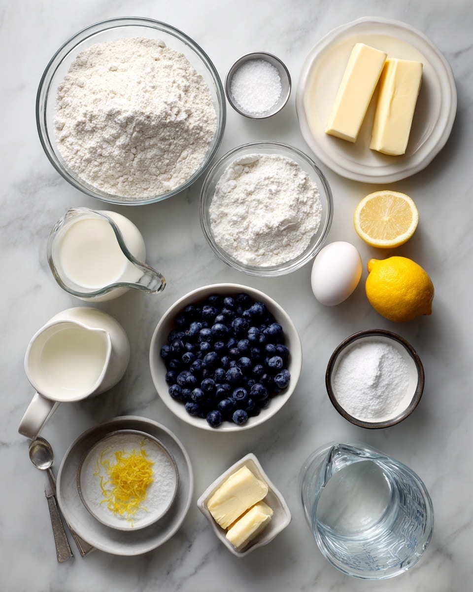 The image shows an overhead view of baking ingredients spread neatly on a white marbled surface. The largest item is a clear glass bowl filled with white all-purpose flour, positioned near the top left. Around it are small glass bowls with salt and baking powder, both white powders. A white small plate holds two rectangles of pale yellow butter near the top right, and an egg with a white shell is nearby. Fresh blueberries, dark blue and round, fill a white bowl near the center. A small glass jug with white milk is placed on the left side. Below, a small round metal cup holds white sugar, while next to it is a small clear bowl of lemon zest beside a whole lemon. A white dish on the right holds cornstarch, salt, and a small piece of butter. At the bottom right, there is a clear measuring jug filled with water. Each item is labeled with black and white text identifying the ingredient. Photo taken with an iphone --ar 4:5 --v 7