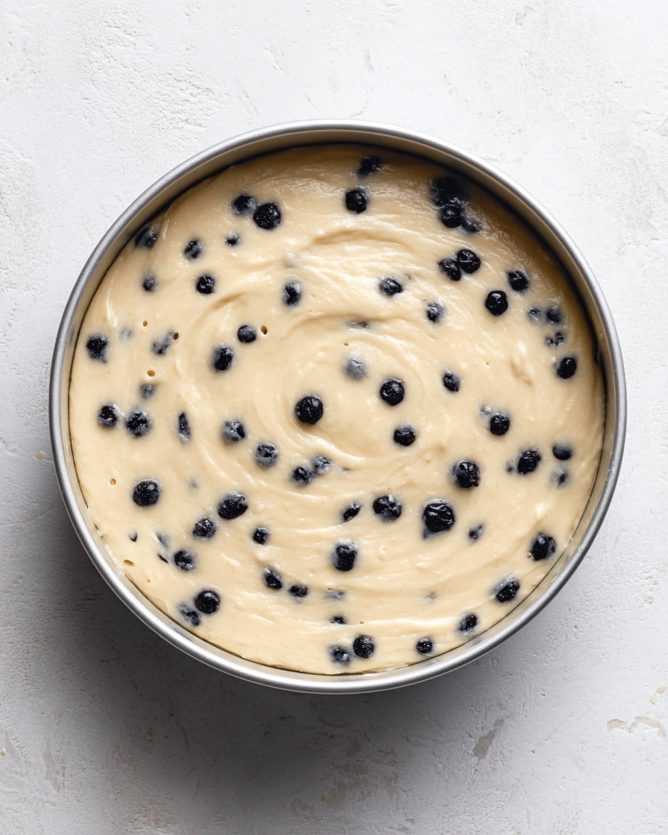 A round metal baking pan filled with a single thick layer of pale beige batter, sprinkled evenly throughout with small dark blue blueberries. The surface of the batter is smooth but has soft, uneven swirls, showing it was spread gently. The pan sits on a white marbled texture, creating a simple, clean background. photo taken with an iphone --ar 4:5 --v 7