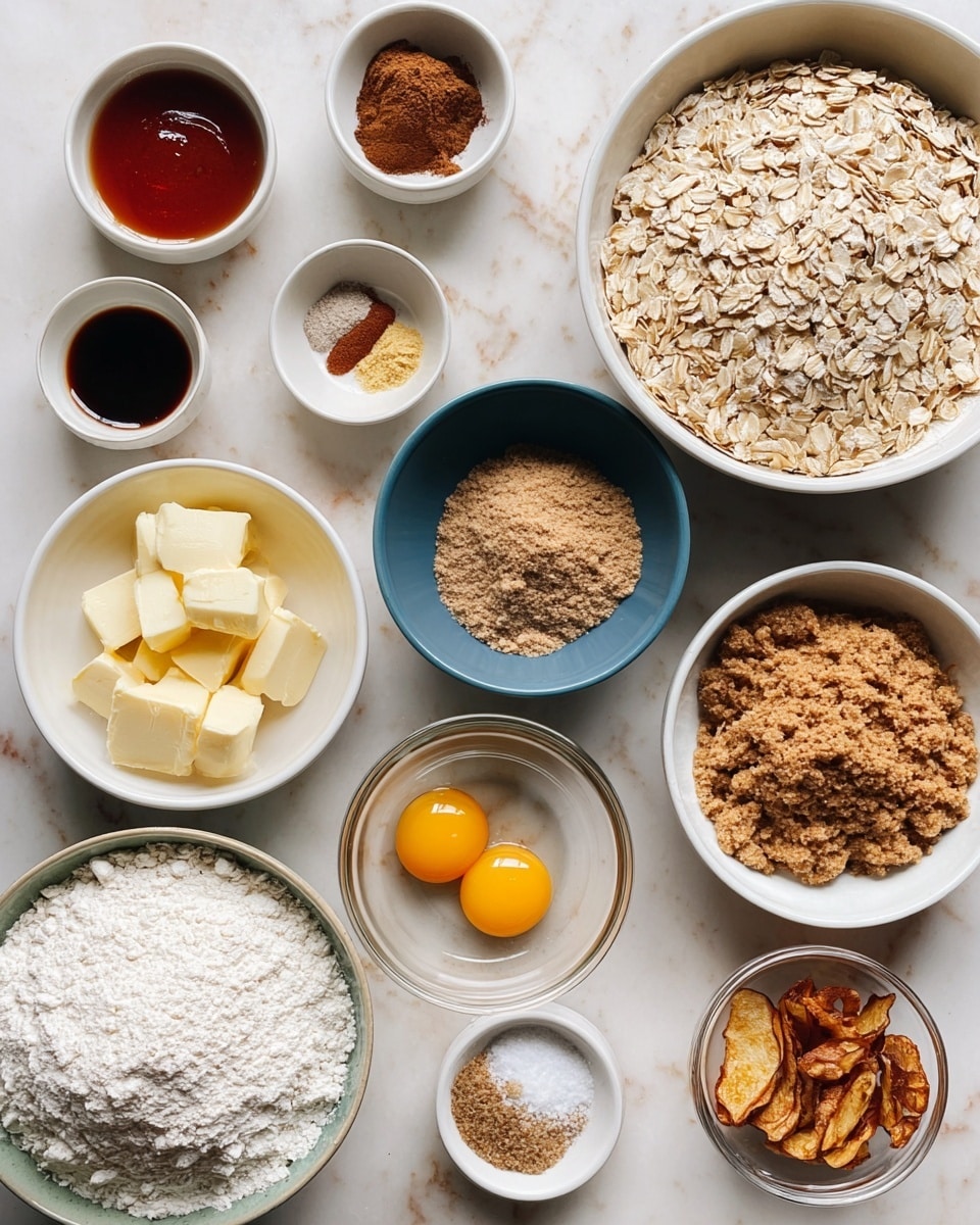 The image shows several bowls with different baking ingredients arranged on a white marbled surface. There is one large white bowl filled with white flour in the bottom-left corner, a large white bowl on the top-right filled with light beige rolled oats, and a blue bowl in the center with a pile of light brown sugar. Next to it is a clear glass bowl with several chunks of pale yellow butter. Two small white bowls contain different mixes of spices: one has ground cinnamon, salt, and baking soda, while the other has a mix of ground ginger, nutmeg, and cinnamon. A clear bowl near the center holds two raw eggs with bright yellow yolks. In the top-left corner, there are three small bowls containing a reddish paste, a dark brown liquid, and a small bottle of vanilla extract. Lastly, at the bottom-right, some dried apple slices are scattered beside a clear bowl of crushed apple pieces. photo taken with an iphone --ar 4:5 --v 7
