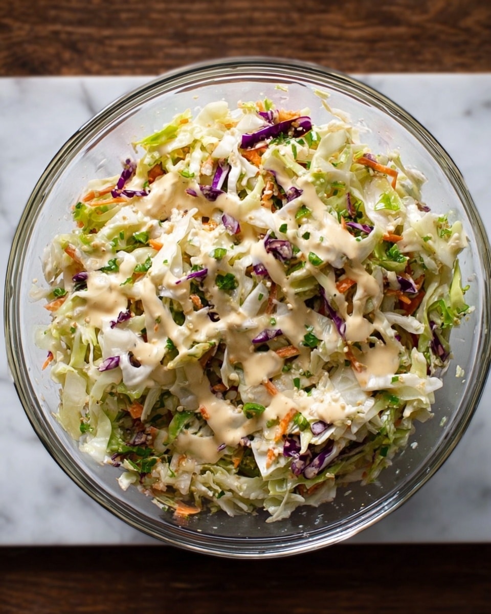 A clear glass bowl filled with a colorful salad with mainly white and green shredded cabbage, small pieces of purple cabbage, bits of orange carrot, and some fresh green herbs mixed in. On top, a creamy, light-colored dressing is drizzled unevenly, adding a smooth texture over the rough cabbage layers. The bowl is placed on a white marbled surface which contrasts with the natural colors of the salad inside the bowl. Photo taken with an iphone --ar 4:5 --v 7