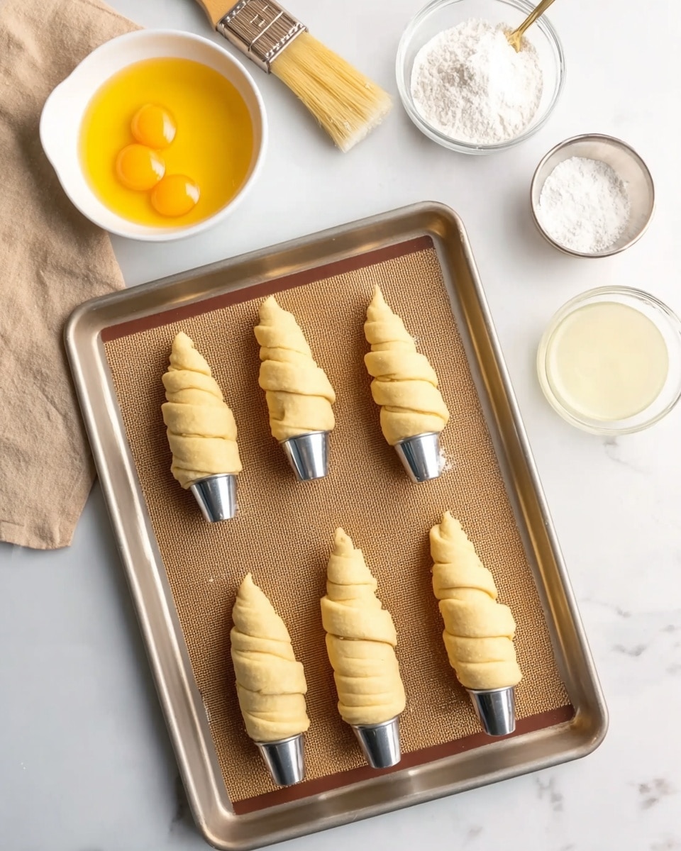 A baking tray holds six silver cone molds wrapped with light beige dough strips spiraled around each mold from bottom to top, placed on a brown baking mat within the tray. Above the tray are baking tools and ingredients arranged on a white marbled surface: a white bowl with bright yellow beaten eggs, a small glass bowl with white powdered sugar, a clear bowl with a liquid, and a wooden brush with pale bristles. A folded beige cloth is partially visible on the left side. photo taken with an iphone --ar 4:5 --v 7