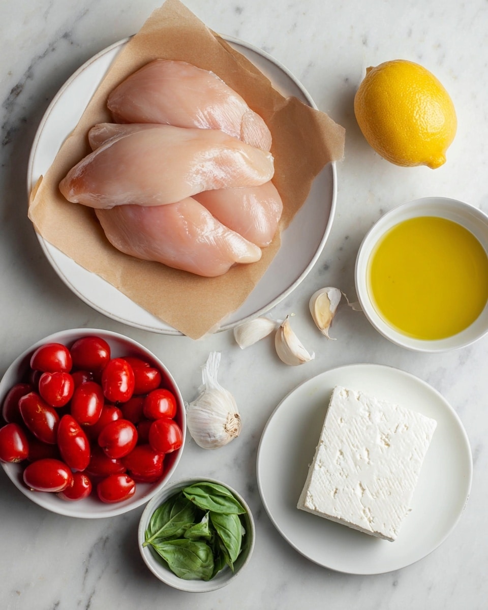 Raw chicken pieces are stacked in two layers on a white plate lined with brown paper, showing a smooth, pale pink surface. To the right, a whole yellow lemon sits on a white marbled surface above two small peeled garlic cloves. Below the lemon, a small white bowl holds a pool of golden olive oil with a glossy texture. At the bottom right, a thick white square of feta cheese rests on a clean white plate. To the left, a white bowl is filled with many small, shiny, red cherry tomatoes, and below it, a tiny white dish contains fresh green basil leaves. The overall setting is on a white marbled surface with soft, natural lighting. Photo taken with an iphone --ar 4:5 --v 7