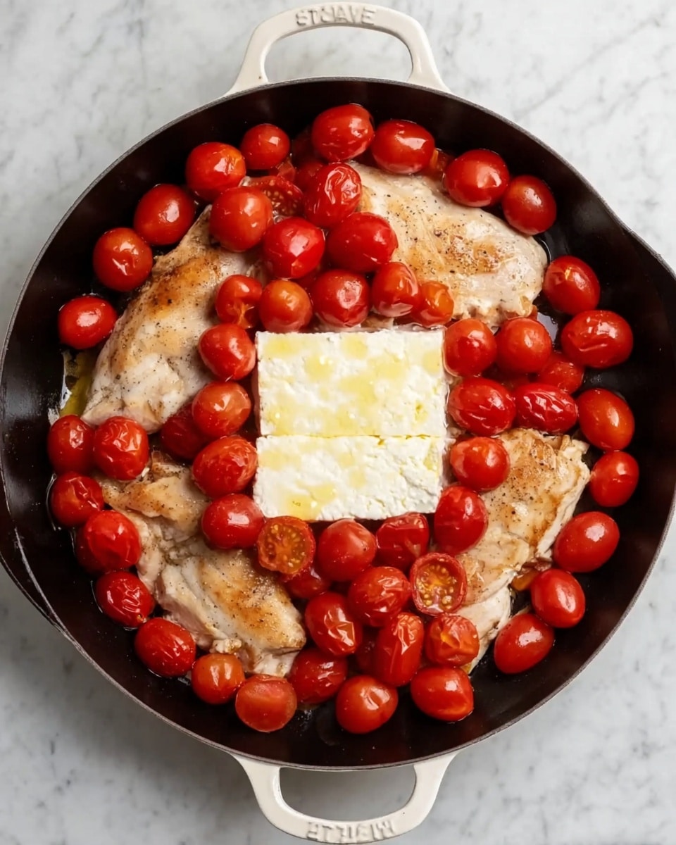 A round black skillet with a white handle sits on a white marbled surface. Inside, there are four pieces of cooked light brown chicken placed evenly around the skillet near the edge. In the center, there is a large block of white cheese that looks soft and slightly melted. Surrounding the chicken and cheese are many small, bright red cherry tomatoes, filling all the gaps and forming a colorful ring. The overall look shows clear layers of light brown chicken, white cheese in the middle, and vibrant red tomatoes around. Photo taken with an iphone --ar 4:5 --v 7