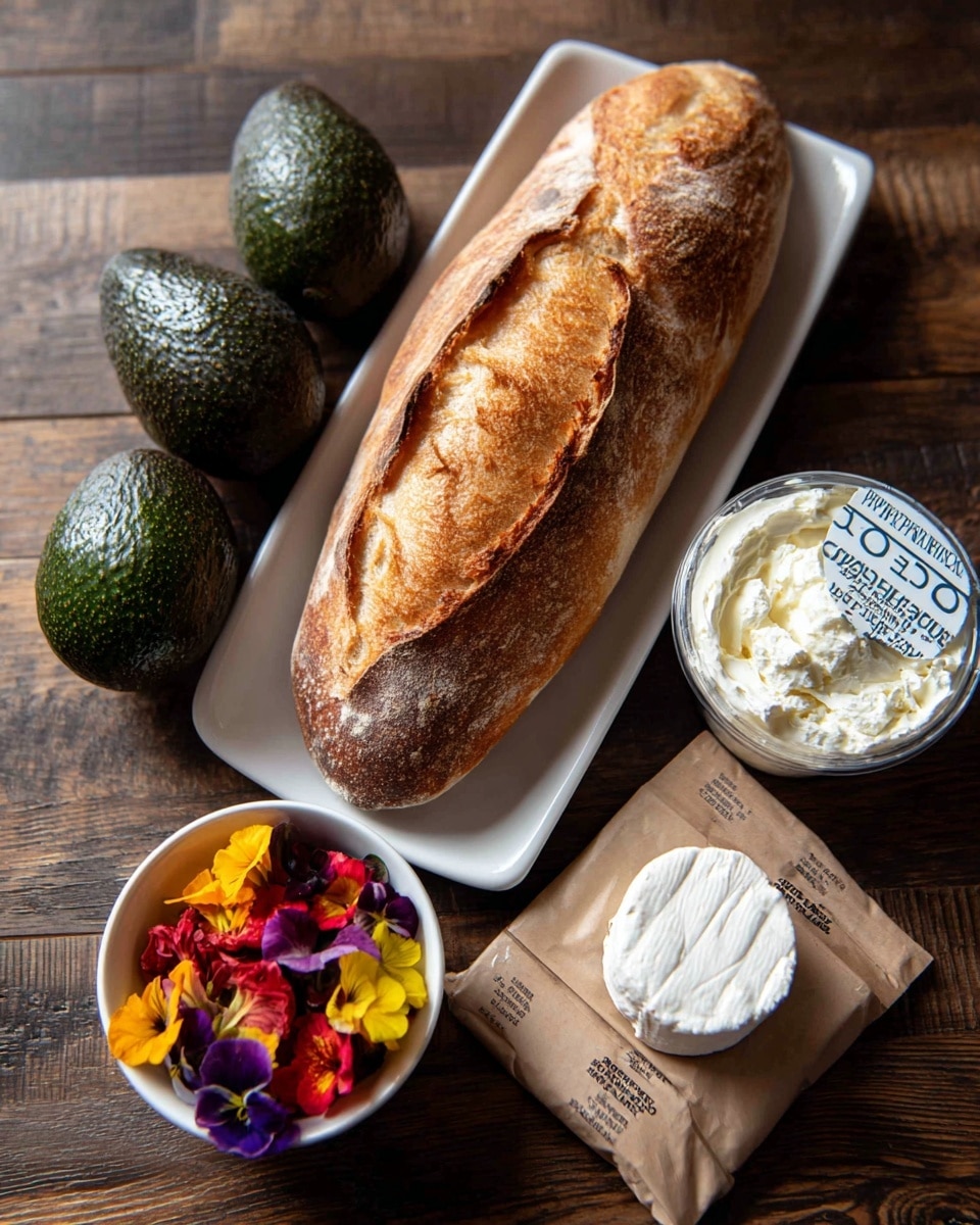 The image shows five food items arranged on a dark wooden surface with white text labels. In the center is a whole loaf of golden brown French sourdough bread with a crispy crust, placed on a white rectangular plate. To the left, three dark green avocados with bumpy skin are grouped together. On the right side, there is a round container of white whipped cream cheese with blue and white lettering, and below it, a small package of creamy white goat cheese in brown wrapping. At the bottom center, a small white bowl holds a colorful mix of edible flower petals in red, yellow, and purple hues. photo taken with an iphone --ar 4:5 --v 7