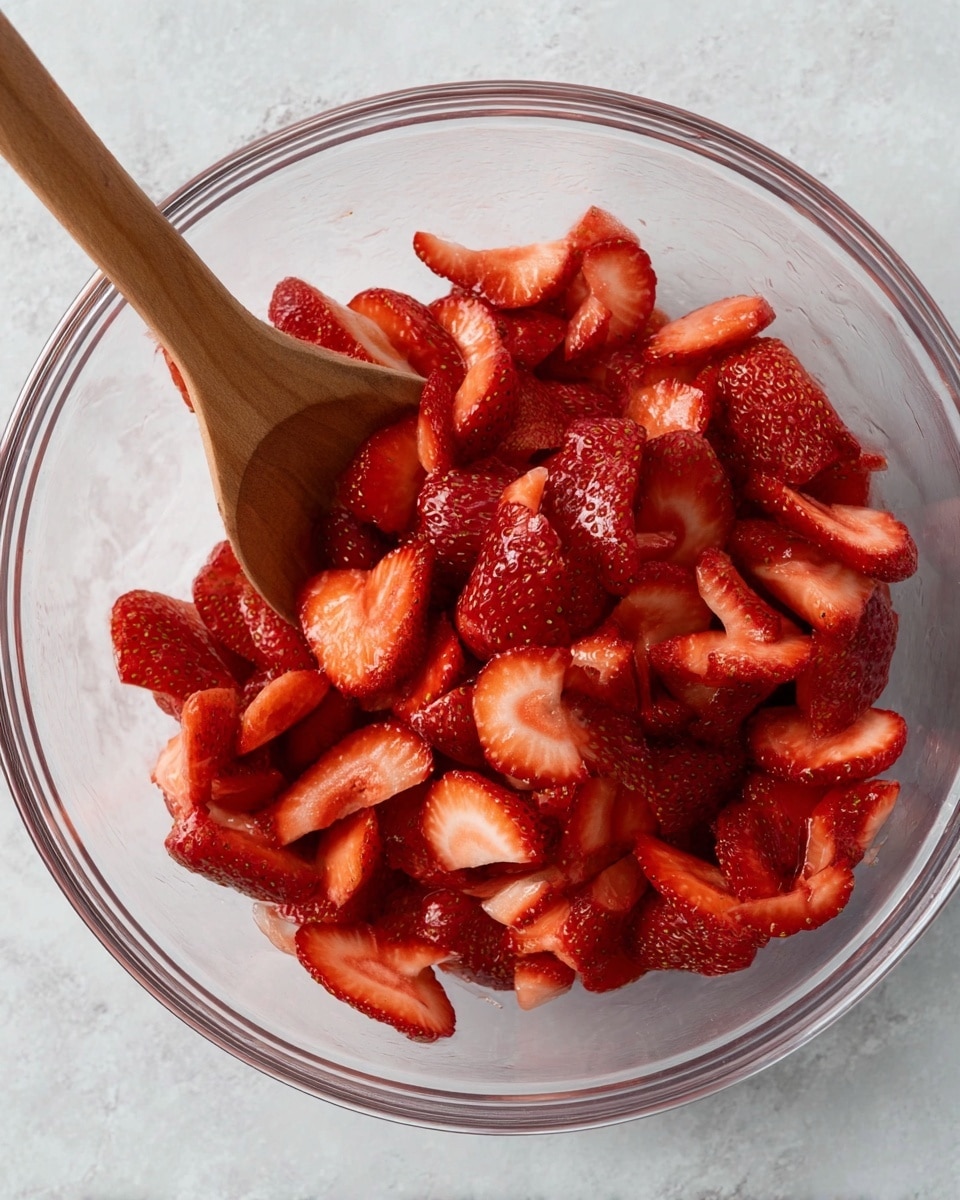 A clear glass bowl filled with many bright red sliced strawberries that show their juicy texture, with a wooden spoon resting inside the bowl on the left side, the background is a white marbled surface photo taken with an iphone --ar 4:5 --v 7