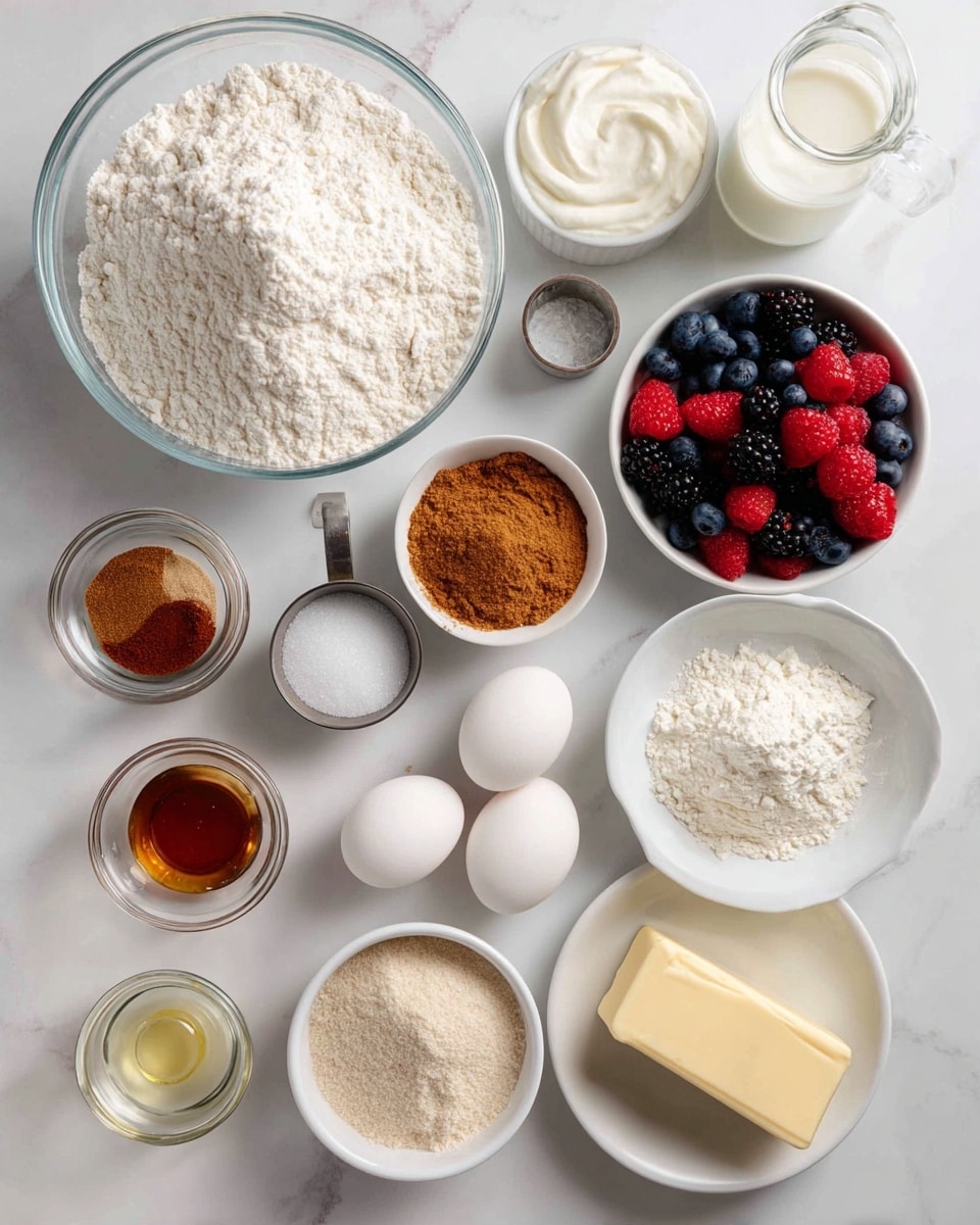 The image shows various baking ingredients arranged neatly on a white marbled surface. There is a large clear glass bowl filled with all-purpose flour at the top left. To its right, a small white bowl holds sour cream, and next to it is a clear glass jar with milk. Below these, a small metal cup is filled with brown sugar next to a white bowl with cinnamon, salt, and baking soda. A white plate on the right side contains mixed berries including raspberries, blackberries, and blueberries. Small clear glass bowls hold vegetable oil and vanilla at the bottom left. There are also two white eggs placed near the center. A small white plate with a stick of butter is at the bottom right. Another white plate shows a mix of brown sugar, flour, butter, cinnamon, and salt. A small metal measuring cup contains sugar near the center. All the items are spaced out neatly on the white marbled background. Photo taken with an iphone --ar 4:5 --v 7