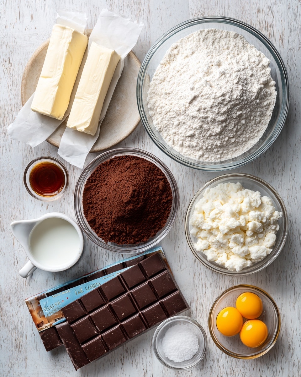 The image shows a group of baking ingredients arranged neatly on a wooden surface changed to a white marbled texture. There is a large clear glass bowl filled with white all-purpose flour in the top center, next to two sticks of unsalted butter wrapped in paper. Below the flour bowl, a smaller clear bowl holds dark brown Dutch-processed cocoa powder. To the right of this, a medium clear bowl contains white granulated sugar with small clumps of light brown sugar on top. At the bottom left, a bar of dark chocolate with blue and gold packaging lies flat. Next to this, a small clear glass cup holds white heavy cream, a tiny bowl contains white salt, a tiny round container holds amber vanilla extract, and a small bowl with two bright yellow egg yolks is also visible. All items are arranged tidy and well-spaced. Photo taken with an iphone --ar 4:5 --v 7
