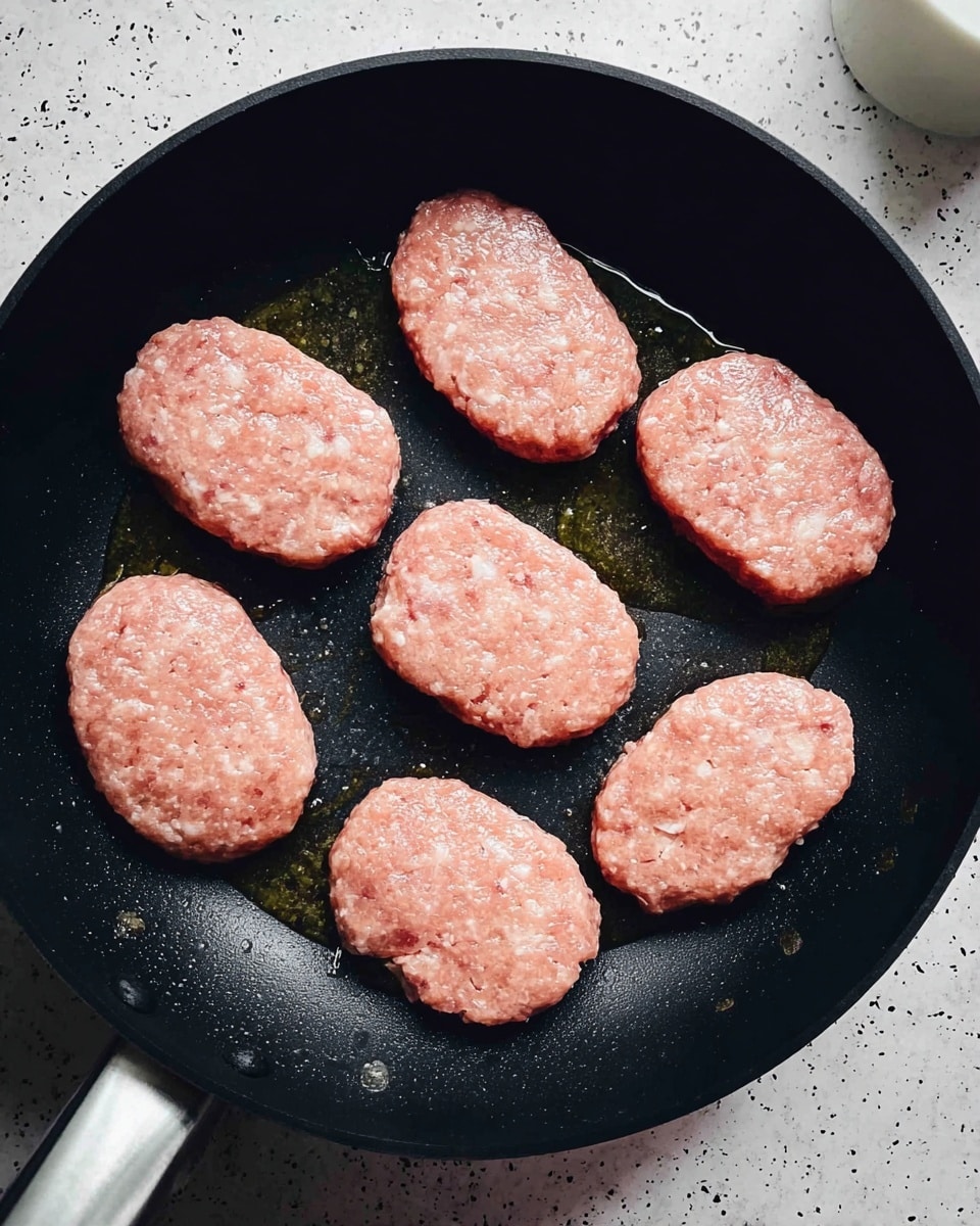 The image shows a black frying pan with seven raw, oval-shaped patties of ground meat. The patties are light pink with white bits throughout, and they lie flat on the pan surface with small droplets of oil visible around them. The pan rests on a white marbled surface with small black dots that add texture. A small part of a white container is visible at the top right corner. photo taken with an iphone --ar 4:5 --v 7