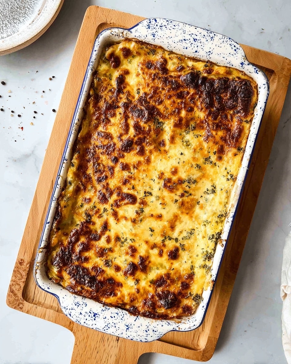 A rectangular baked dish with a golden-brown top layer showing spots of darker brown and green herbs, indicating a cheesy, crispy surface with some soft textures underneath. The dish appears to have multiple layers, visible from a small section on the side where it looks creamy yellow with green bits, likely spinach or herbs mixed in. It is served in a white baking dish with blue speckles around the edges, placed on a light wooden board, all set on a white marbled surface with some black pepper sprinkled above the board. Photo taken with an iphone --ar 4:5 --v 7