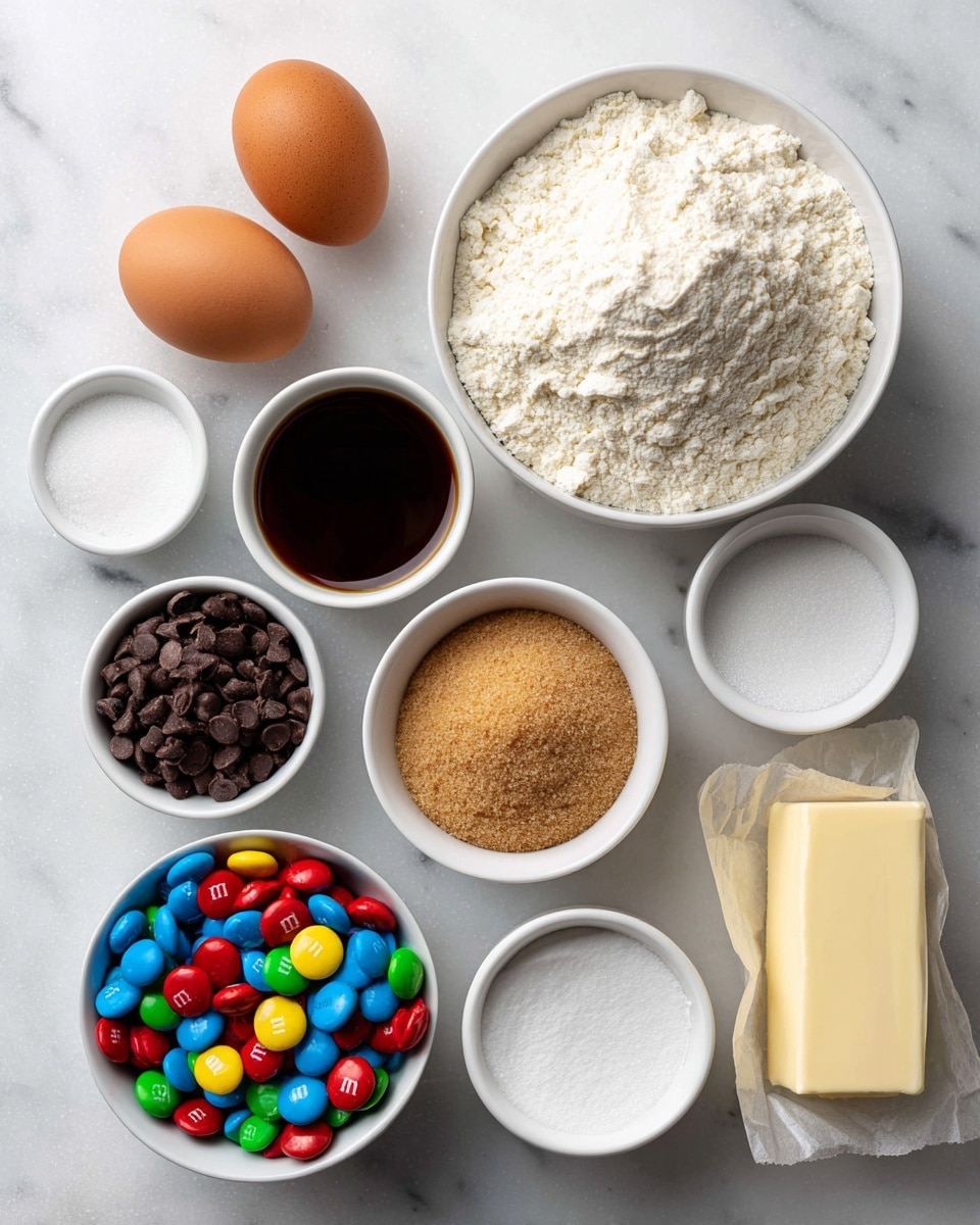 The image shows various baking ingredients organized on a white marbled surface. There are two brown eggs placed together on the left side. Above them is a small white bowl filled with dark brown vanilla extract. To the right, a larger white bowl contains white flour with a slightly rough texture. Below the eggs and vanilla extract, a medium white bowl is filled with colorful M&M candies in red, blue, yellow, green, and orange. Next to it, a white bowl holds light brown brown sugar with a crumbly texture. Beside the brown sugar, a white bowl contains small dark brown chocolate chips. On the top right, a small white bowl holds white granulated sugar. Below and slightly to the left are three smaller white bowls filled with white salt, white baking soda, and white corn starch, respectively. At the bottom right corner, two sticks of pale yellow butter wrapped in paper are placed together. photo taken with an iphone --ar 4:5 --v 7