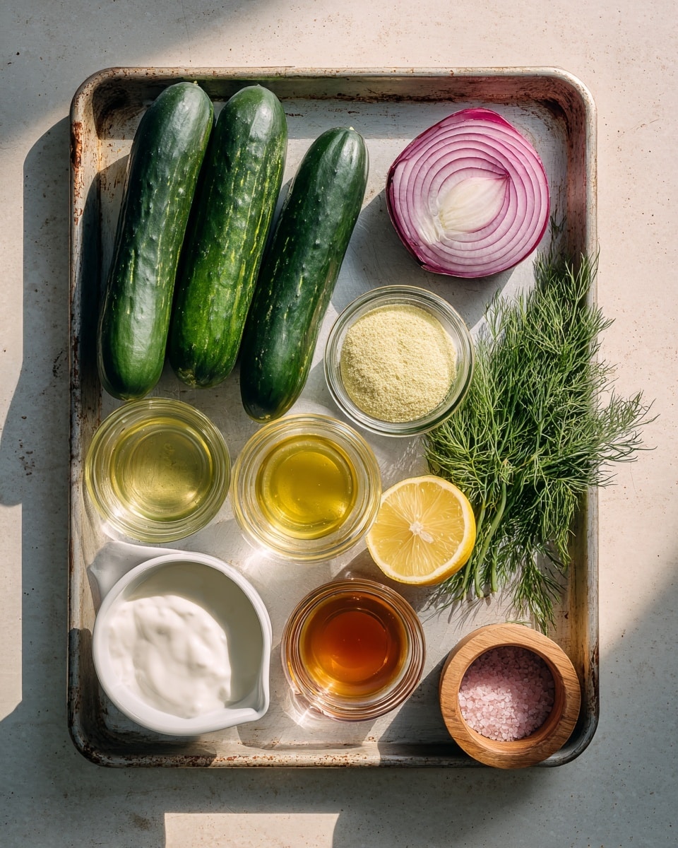 The image shows fresh ingredients arranged neatly in a baking tray with a slightly worn surface. Two whole dark green cucumbers lie vertically in the top left. Below them, a quarter of a red onion with layered shades of purple and white is placed. To the right of the cucumbers is a small glass jar filled with light yellow garlic powder. Next to it on the right is a bunch of bright green dill sprigs. Below the garlic powder is half a lemon showing its pale yellow juicy interior. Three small glass bowls hold honey with a clear golden color on the left, olive oil with a light yellow-green shade in the center, and red wine vinegar with a deep orange hue on the right. In the bottom left corner, a white measuring cup filled with smooth white Greek yogurt can be seen. On the bottom right, a round wooden container with a partially open lid reveals pinkish salt inside. Soft natural light casts gentle shadows, highlighting the textures and colors. Photo taken with an iphone --ar 4:5 --v 7