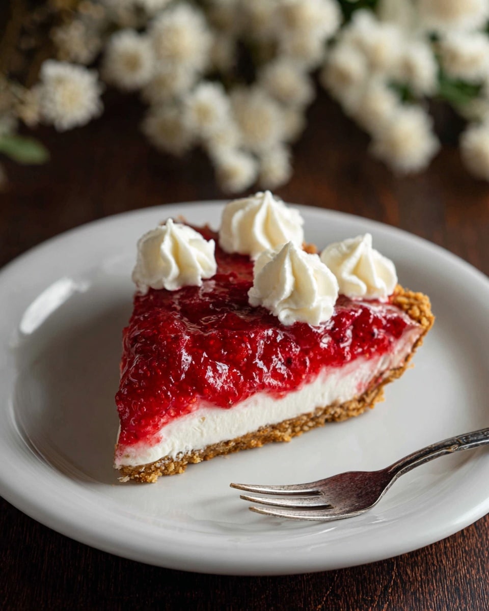 A single slice of pie on a white plate shows three layers: a crumbly golden-brown crust at the base, a smooth white cream layer in the middle, and a bright red berry layer on top with a slightly shiny and textured appearance. On top of the red layer, there are five dollops of white whipped cream placed in a scattered pattern, each looking soft and fluffy. The plate sits on a dark brown wooden surface with white flowers blurred in the background, and a silver fork rests near the bottom right corner. Photo taken with an iphone --ar 4:5 --v 7