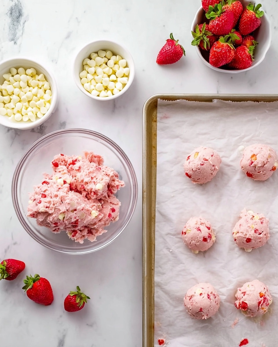 The image shows two scenes side by side on a white marbled surface. On the left, there is a clear glass bowl filled with pink cookie dough mixed with white chocolate chips and small red strawberry pieces. Nearby are two small white bowls, one filled with white chocolate chips and the other with fresh whole strawberries, with a few strawberries scattered around. On the right, six round scoops of the pink dough are evenly spaced on a parchment-lined baking tray, each scoop showing bits of white chocolate and strawberry pieces. Photo taken with an iphone --ar 4:5 --v 7