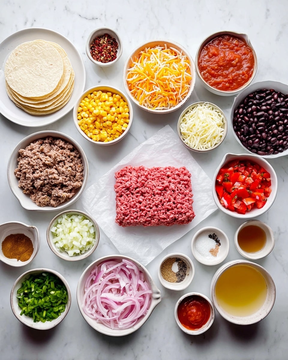 The image shows many ingredients for cooking arranged neatly on a white marbled surface. At the center is a block of raw ground meat on white paper. Surrounding it are several bowls: bright yellow corn, black beans, shredded cheese with orange and white parts, red diced bell peppers, chopped white onions, finely chopped garlic, tomato sauce, and pico de gallo with red tomatoes and green herbs. Also visible are small bowls with spices in light and dark brown, salt, black pepper, and garlic powder. There are pickled pink onions and chopped green pickles in small white bowls. To the left, a stack of small white tortillas rests on a white plate. A bowl with a golden liquid, possibly broth, is at the right edge. The scene is clean and bright with a clear view of each ingredient’s texture and color, photo taken with an iphone --ar 4:5 --v 7