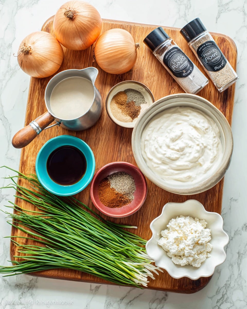 The image shows a wooden board placed on a white marbled surface, holding various ingredients neatly arranged. At the top left, there are two whole onions with a golden brown skin. Next to them on the right are two small clear containers with black lids labeled onion powder and garlic powder. Below the onions is a small silver cup with a wooden handle filled with a creamy white substance. A white bowl in the middle holds a smooth, thick white cream. To the right of this bowl is a small turquoise bowl filled with a dark brown liquid. In the lower part of the image, a small red bowl contains a mix of spices in brown, white, and beige colors. Along the bottom edge is a white, fluted bowl holding a bunch of fresh green chives. On the far right, another white bowl holds a chunky white substance, possibly cottage cheese. The overall scene is bright, clean, and organized with a mix of earthy and fresh colors. photo taken with an iphone --ar 4:5 --v 7