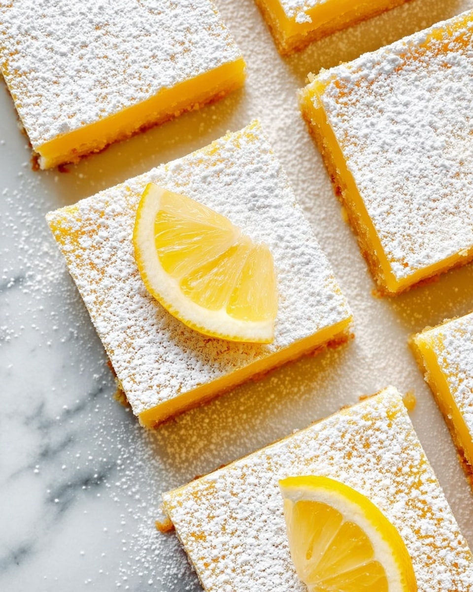 The image shows a close-up of six lemon bars arranged in two rows on a white marbled surface. Each bar has a bright yellow base layer with a soft, smooth texture, topped with a thick layer of powdered sugar dusting that is white and slightly fluffy. Two of the bars have a thin, fresh lemon wedge placed near the top right corner, adding a pop of vibrant yellow with visible juicy texture. The bars are cut evenly, and the powdered sugar contrasts with the bright yellow lemon filling underneath. Photo taken with an iphone --ar 4:5 --v 7