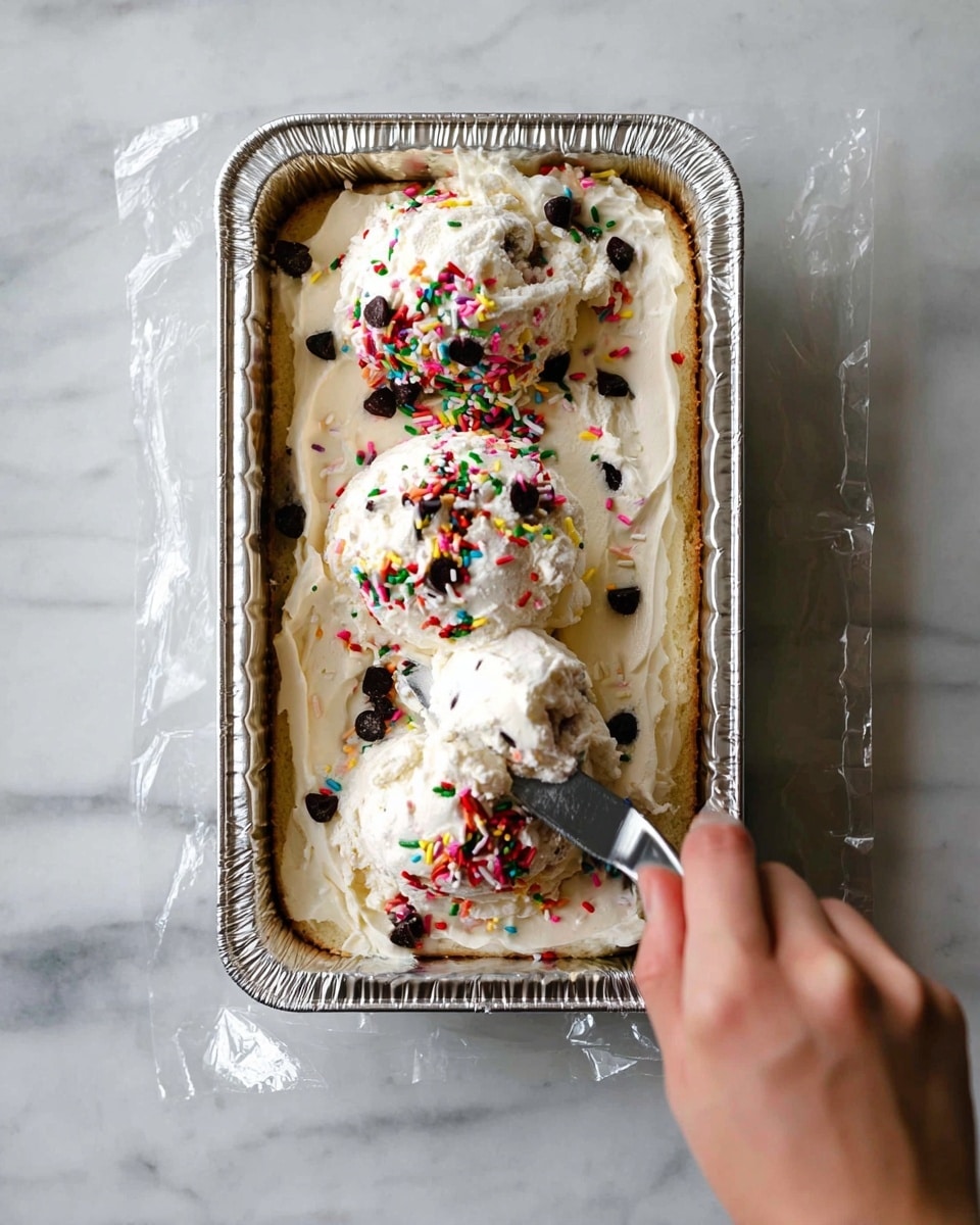 A rectangular silver foil container holds a single layer of light brown cake topped with three uneven scoops of white whipped cream spread across the surface. Scattered on the whipped cream are colorful rainbow sprinkles and dark chocolate chips. A woman's hand is seen at the bottom right, holding a butter knife that is lifting some of the whipped cream. The container is placed on a white marbled surface with a transparent plastic sheet partially underneath it photo taken with an iphone --ar 4:5 --v 7