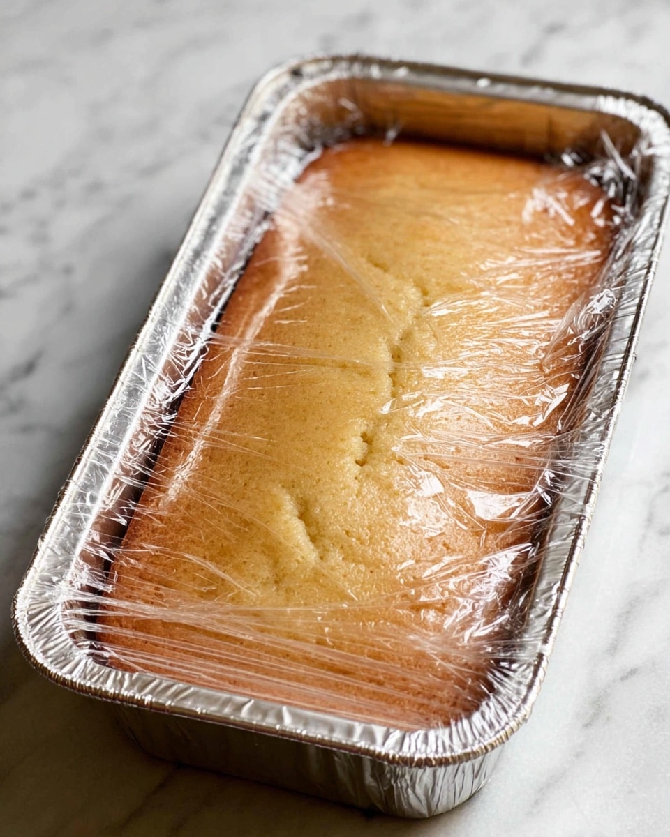 A rectangular single-layer light golden brown cake is placed inside a foil container and covered with a smooth, tight, clear plastic wrap, showing the soft texture of the cake through the wrap. The container sits on a white marbled surface with the cake edges slightly browned, showing a soft crumb texture with no visible toppings or decorations photo taken with an iphone --ar 4:5 --v 7