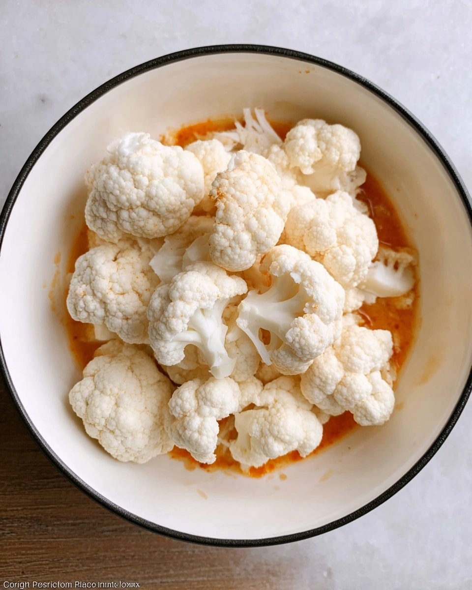 The image shows a white bowl filled with large, white cauliflower florets. The florets have a rough, bumpy texture and sit on top of a thin layer of orange sauce, visible around the edges of the bowl. The bowl has a simple black rim and is placed on a white marbled surface. photo taken with an iphone --ar 4:5 --v 7