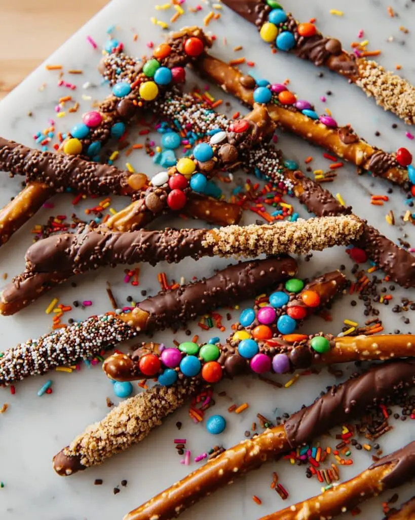 Chocolate-Covered Pretzel Sticks with Toppings and White Drizzle Recipe
