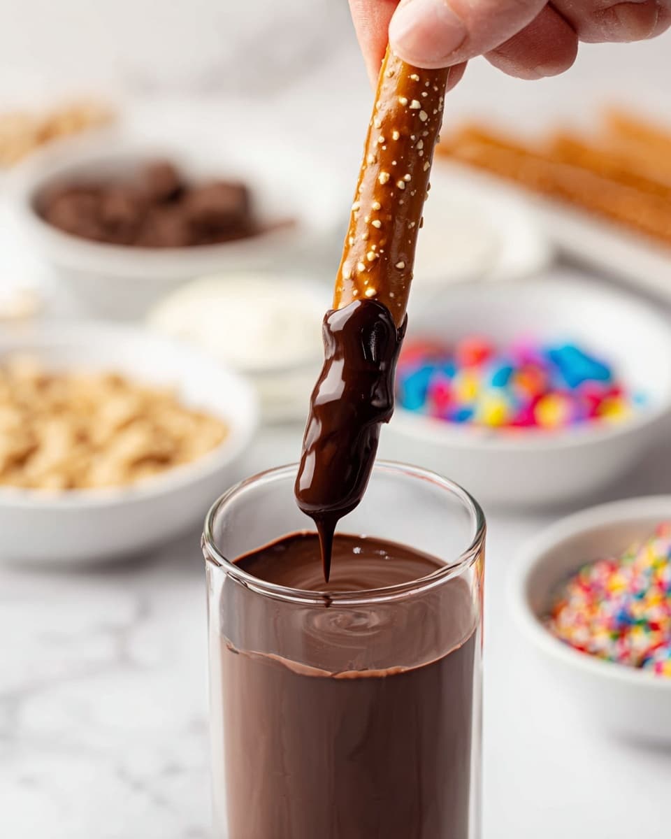 A close-up image shows a brown pretzel stick being dipped into a clear glass filled with smooth, dark melted chocolate. The pretzel stick is about two-thirds covered in glossy chocolate with some drips along its surface. In the blurred background, white bowls containing crushed nuts, white cream, colorful sprinkles, and multicolored candies are placed on a white marbled surface. A woman's hand with light skin holds the pretzel stick gently from the top right of the image. Photo taken with an iphone --ar 4:5 --v 7