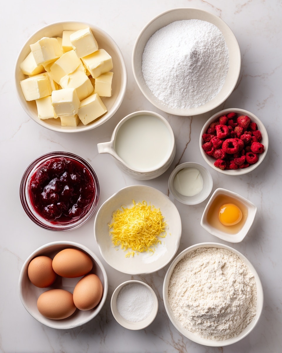The image shows various baking ingredients placed neatly on a white marbled surface. There are three white bowls filled with light yellow butter cut into small blocks, one bowl is near the center while another is at the bottom right and the last is top center right. A large white bowl filled with light powdered sugar is at the top left. Below it, a clear glass bowl holds dark red strawberry jam. A smaller bowl of bright red freeze-dried strawberries is at the top right beside a square bowl filled with golden-brown vanilla. There is a white cup of white milk near the top center, with a cup of light cream buttermilk below it. Next, a small white bowl near the bottom right holds vibrant yellow lemon zest, and at the bottom left, a small square cup holds three light brown eggs. A white bowl filled with off-white flour with a soft, powdery texture is placed near the bottom right corner. A white plate of white granulated sugar is near the bottom center, and two small white bowls with white baking powder/baking soda and light yellow lemon juice sit close by. Each ingredient is labeled in bold white text for easy identification. Photo taken with an iphone --ar 4:5 --v 7