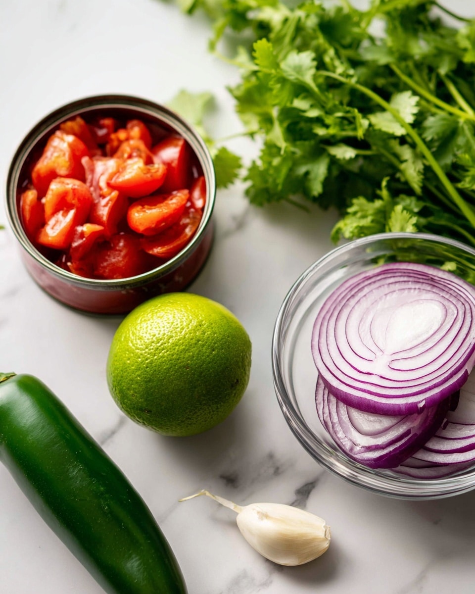 A close-up image showing individual fresh ingredients on a white marbled surface, including a red can of diced fire-roasted tomatoes on the left side, a bright green lime near the bottom center, a dark green jalapeno to the left of the lime, a single small garlic clove between the lime and jalapeno, a small clear glass bowl to the right holding sliced red onion pieces with purple and white layers, and a bunch of fresh green cilantro with long stems laid out at the top right. The ingredients are well spaced and labeled with black text above each item. Photo taken with an iphone --ar 4:5 --v 7