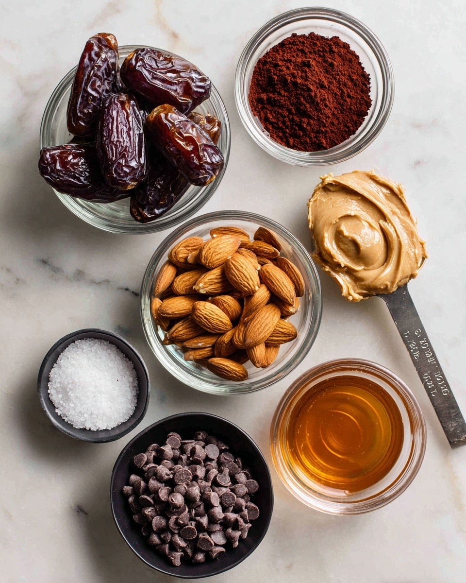 The image shows seven small bowls and a measuring spoon arranged on a white marbled surface. At the top left, a clear bowl is filled with dark brown, wrinkled dates, and next to it on the right, another clear bowl holds a dark reddish-brown powder labeled chocolate powder. Below the dates bowl, another clear bowl is heaped with light brown whole almonds. To the right of the almonds, a silver measuring spoon holds creamy, light brown peanut butter with visible swirls on the surface. Below the peanut butter, a small black bowl contains white salt. At the bottom left, a clear bowl is filled with tiny dark brown mini chocolate chips. Lastly, to the bottom right, a clear bowl contains amber-colored maple syrup. All labels are written on peach-colored rectangles above or beside each ingredient. Photo taken with an iphone --ar 4:5 --v 7