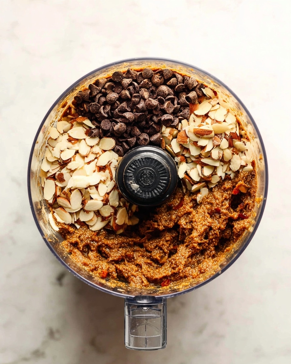 The image shows a clear food processor bowl filled with three different layers of ingredients. The bottom layer is a thick, textured brown mixture with visible fruit pieces. On top of this, one half is covered with small dark brown chocolate chips, and the other half is topped with unevenly chopped light brown almonds. The food processor bowl sits on a white marbled surface. Photo taken with an iphone --ar 4:5 --v 7