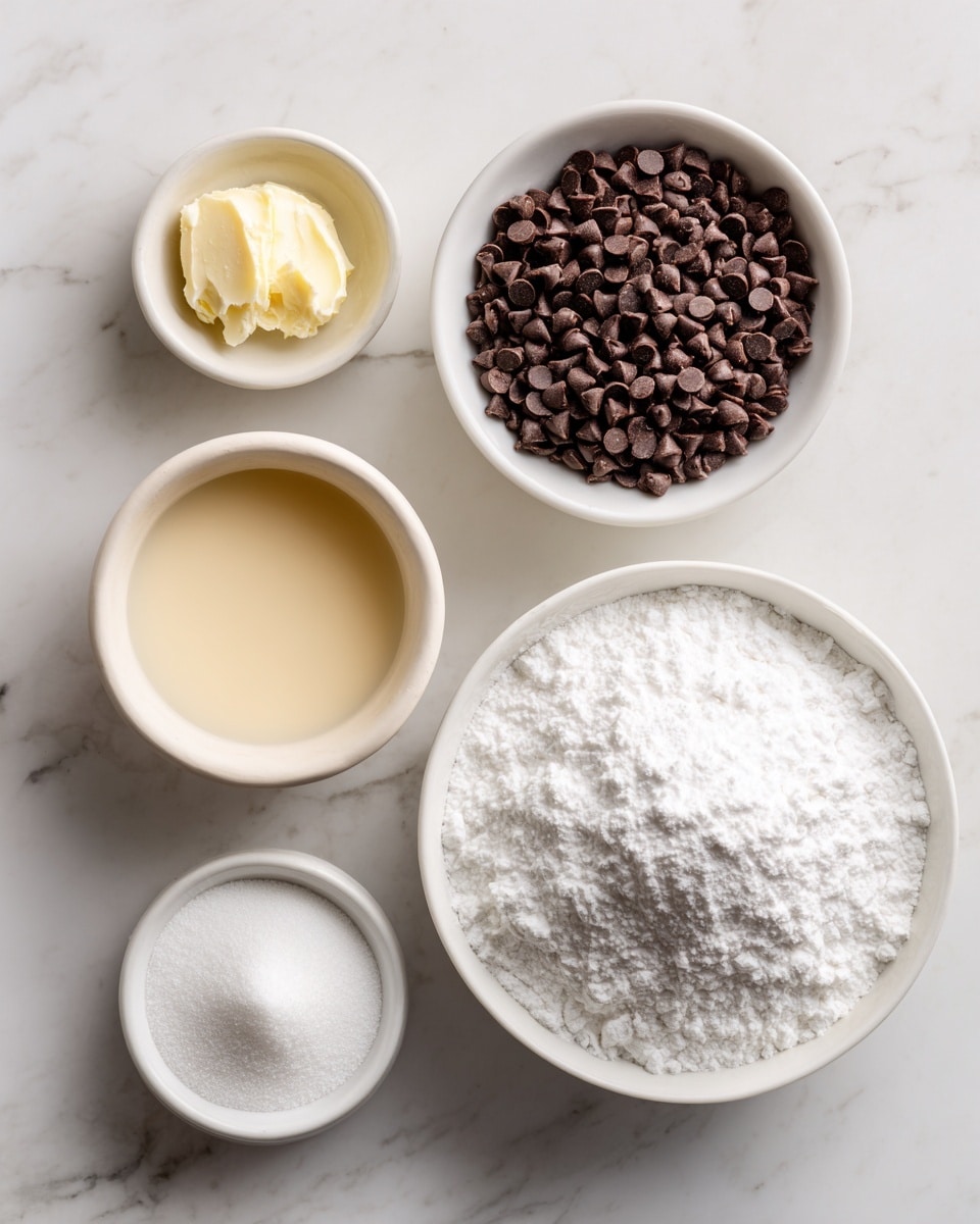 The image shows five white bowls of different sizes placed on a white marbled surface. The largest bowl at the bottom right is filled with white powdered sugar that looks soft and fluffy. To its left is a smaller white bowl holding light beige sweetened condensed milk with a smooth texture. Above that, a medium-sized white bowl contains many small, dark brown semi-sweet chocolate chips. On the top right are two small white bowls, one filled with solid white coconut oil with a creamy texture and the other empty, labeled as peppermint extract. The arrangement is neat, with clear labels showing each ingredient. Photo taken with an iphone --ar 4:5 --v 7
