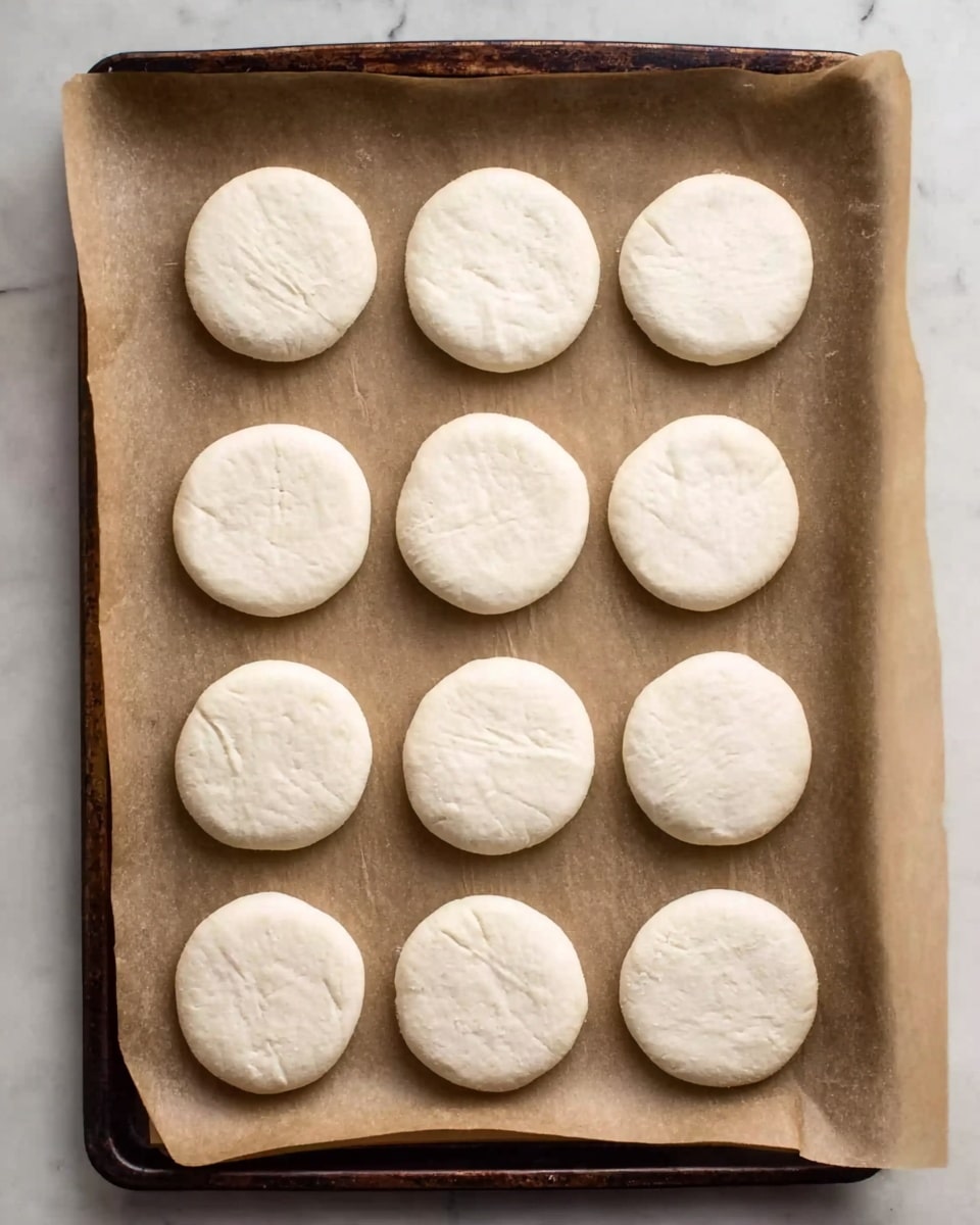 A baking tray lined with brown parchment paper holds fifteen round white dough discs arranged in a neat 3 by 5 grid. The dough discs have a smooth texture with slight unevenness on the surface, indicating they are freshly shaped and soft. The tray has a dark metal edge and the background is a white marbled texture. photo taken with an iphone --ar 4:5 --v 7
