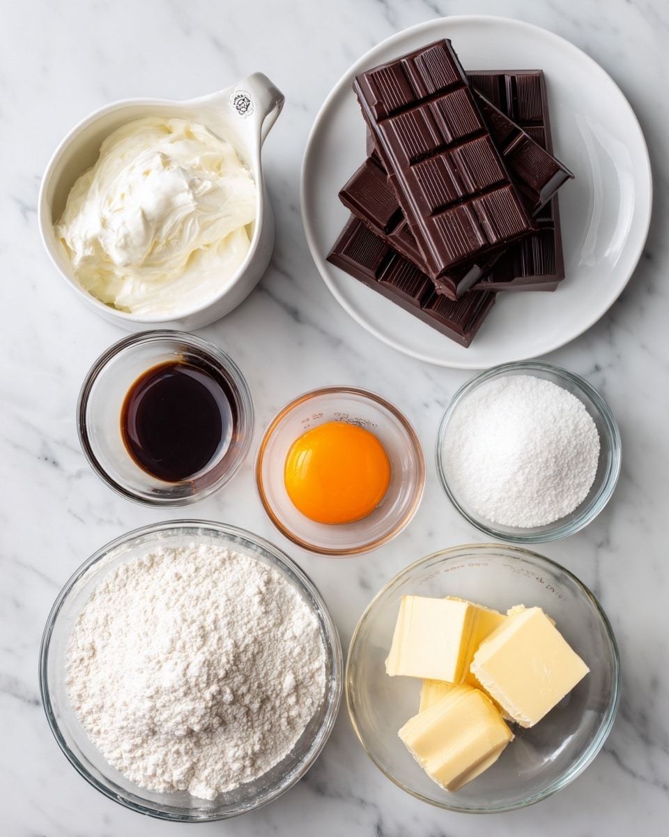 The image shows seven small glass or ceramic bowls and one white plate on a white marbled surface, each holding a different ingredient clearly labeled. The white plate in the upper left holds several dark brown semisweet chocolate bars stacked unevenly. To the right of the plate is a small glass bowl with a single bright orange egg yolk. Below it is a small glass bowl with dark brown vanilla extract. On the left side, a white ceramic measuring cup holds a thick white heavy cream with a smooth texture. Below that, a large clear glass bowl contains an off-white fine all-purpose flour piled up. To the right, a small glass bowl holds granulated white sugar. Finally, near the center is a small glass bowl with two pieces of pale yellow butter, one almost rectangular and the other a smaller broken piece. photo taken with an iphone --ar 4:5 --v 7