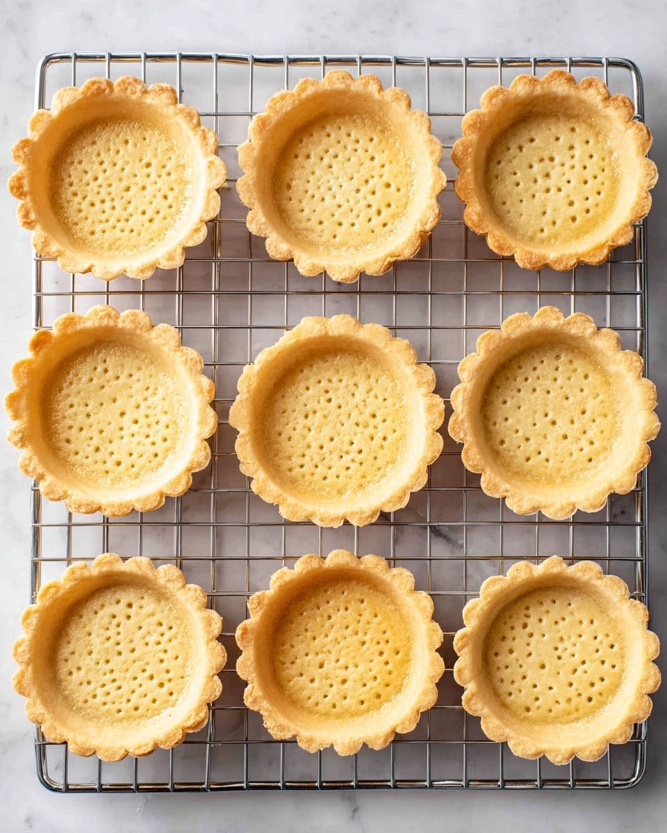 Nine small tart shells with scalloped edges are arranged in three rows on a metal cooling rack. Each shell has a light golden-brown color with tiny holes evenly spread across the bottom surface, showing a crisp texture. The shells sit on a white marbled surface that adds a clean, bright background to the image. The photo is taken from above, focusing on the uniform shape and texture of the tart shells. photo taken with an iphone --ar 4:5 --v 7