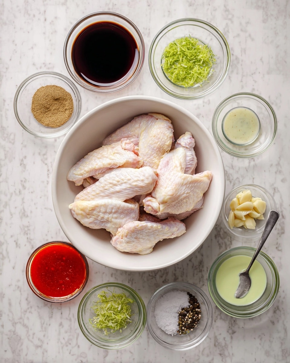 A white bowl sits in the center filled with raw chicken wings, pale pink and light yellow in color, with skin texture visible. Surrounding the bowl are eight smaller clear glass bowls arranged in a loosely circular pattern on a white marbled surface. From the top going clockwise, there is a bowl with ground brown spices, a bowl with dark brown soy sauce, a bowl with red chili sauce, a bowl with a light green creamy sauce and a small silver spoon, a bowl with clear liquid, a bowl with bright green lime zest, a bowl with yellowish garlic pieces, and a bowl containing a mix of black pepper and salt. All bowls have simple clean edges, creating an organized presentation. Photo taken with an iphone --ar 4:5 --v 7