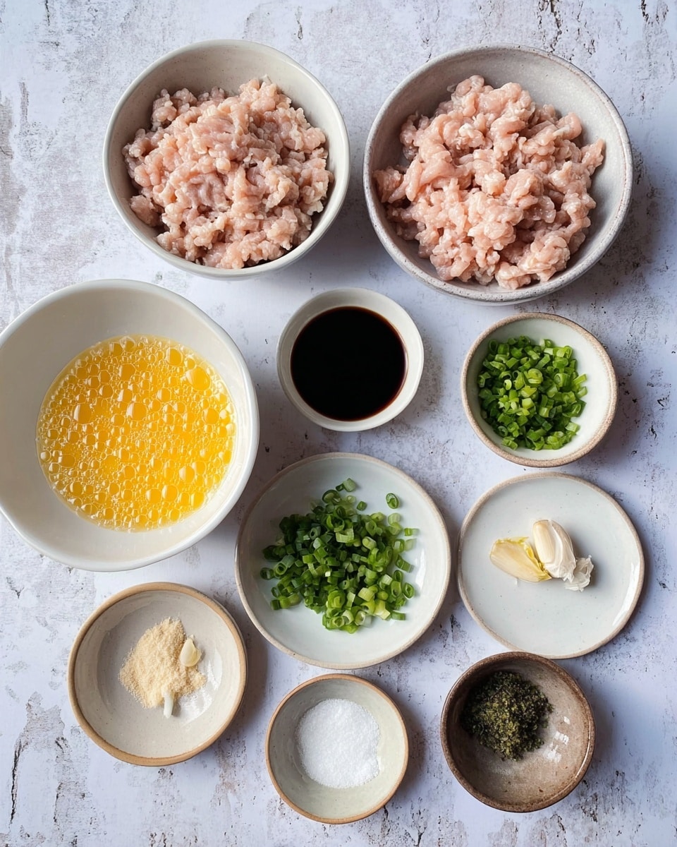 The image shows a collection of small white bowls and plates on a white marbled surface, each containing different cooking ingredients. There are two bowls with minced meat, one with finer strands and the other with chunkier pieces, both pale pink in color. One bowl contains a yellow beaten egg mixture with bubble texture on top. Small bowls hold finely chopped green onions, dark green chopped peppers, white powder, dark soy sauce, and minced garlic and ginger placed on small white and brown plates. The arrangement is neat and ready for cooking. Photo taken with an iphone --ar 4:5 --v 7